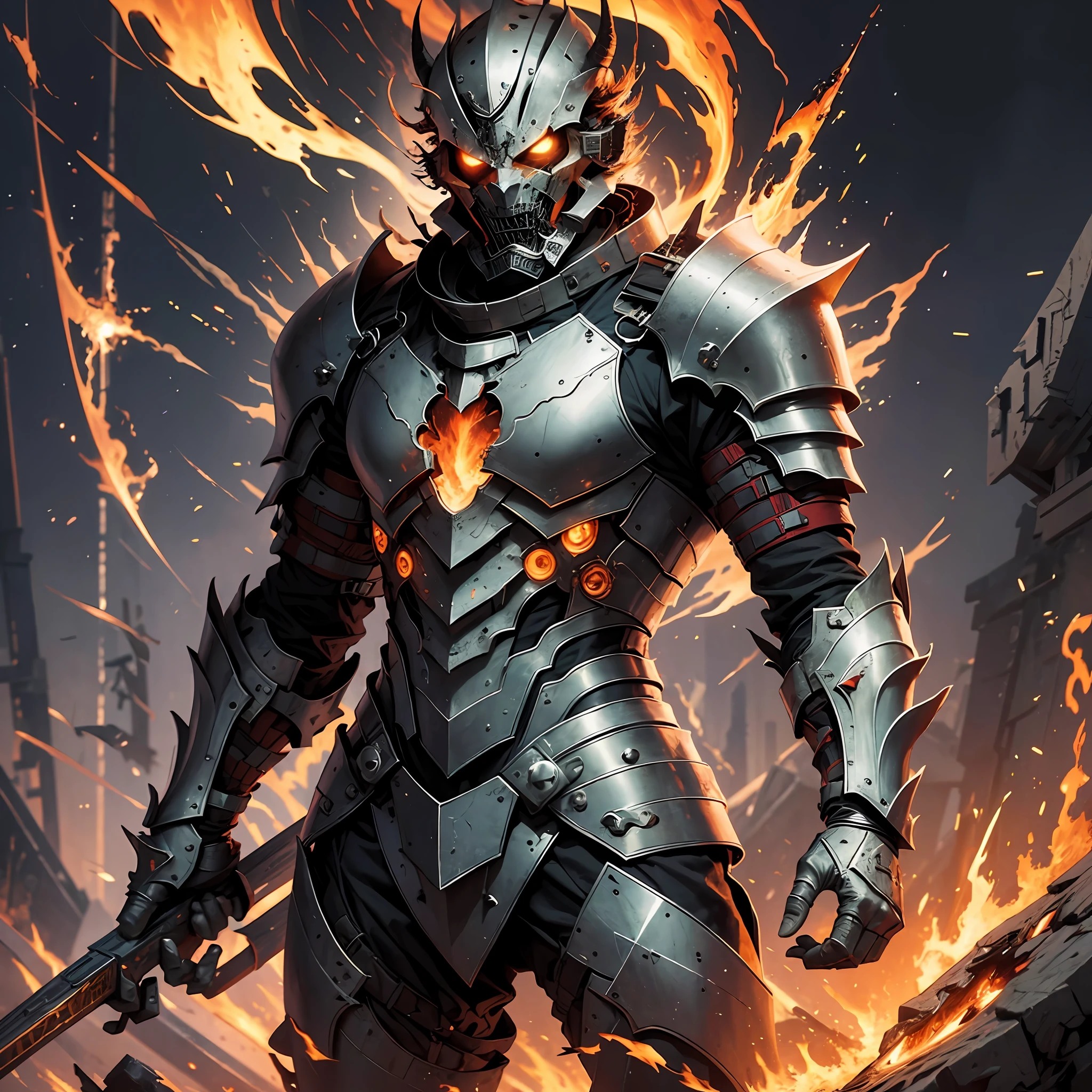 A man in demonic armor, with fire coming out of him, in a devastated place --auto --s2