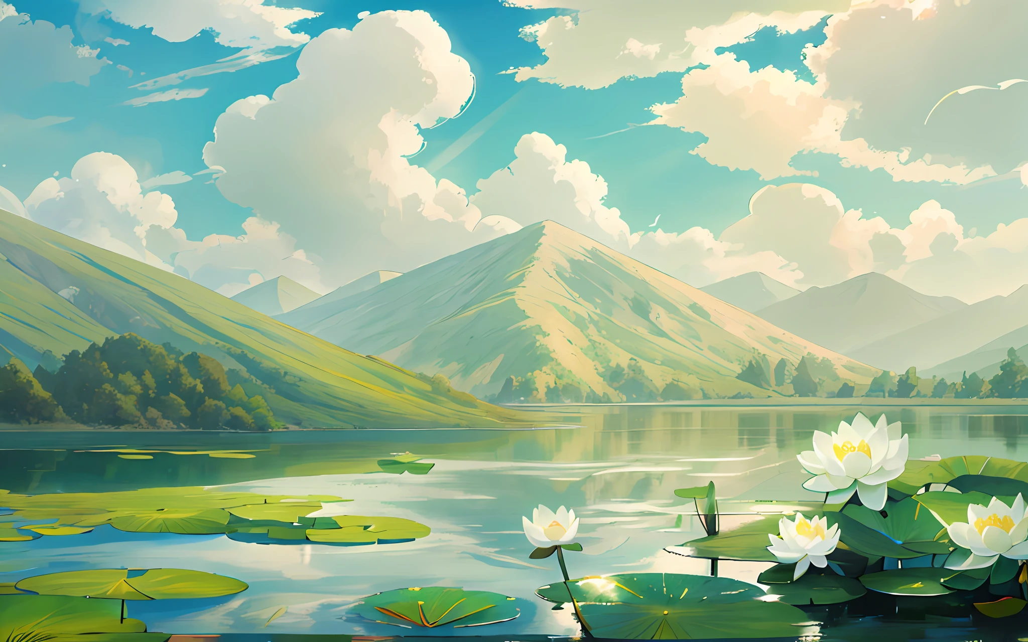 In the foreground is a lake, there is a white water lily and lotus leaf in the lake, green mountains, blue sky and white clouds, jeepley style, two-dimensional, celluloid, illustration, natural landscape, wind, summer, bright tones, sunlight, caustic, scattering