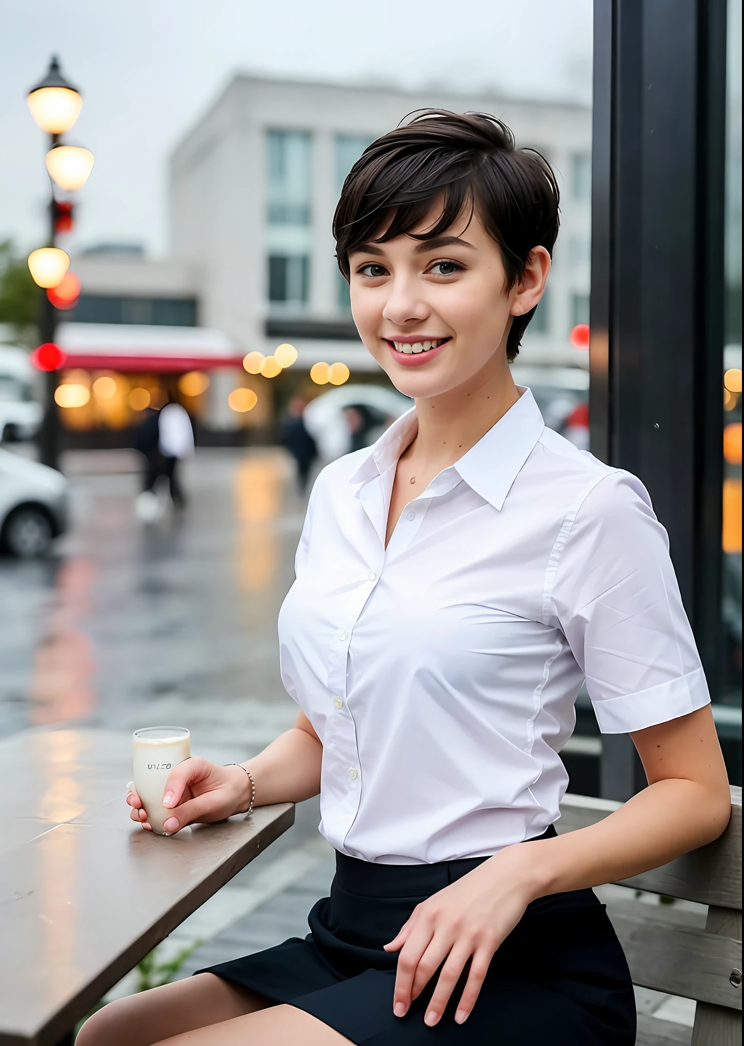(8k, Best Quality, Masterpiece: 1.2), (Realistic, Realistic: 1.37), Ultra Detailed, 1 Girl, Cute, Solo, Beautiful Detailed Sky, Detailed Cafe, Night, Sitting, Dating, ( red nose), (smile: 1.15), (shut up) small breasts, beautiful and delicate eyes, (collared shirt: 1.1), night, wet, business attire, rain, white lace, (short hair: 1.2), flowing hair NovaFrogStyle,