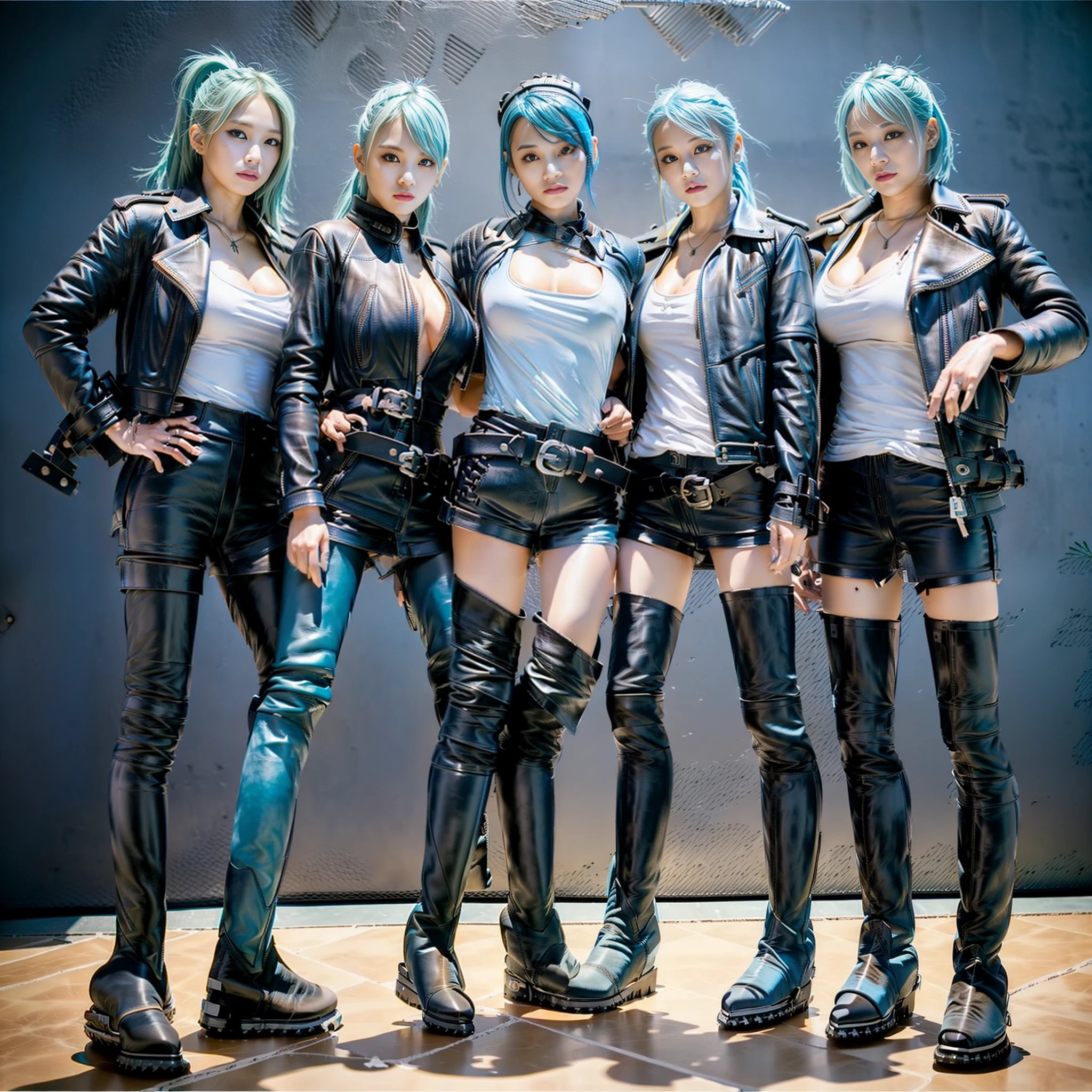 ((((7+girls)))), ((Group photo))))), (All Light Blue Leather Fashion)))), (Masterpiece)))), (Highest Quality)))), (Remark))))), (Detailed description))), (High contrast))))), (High contrast)))), (Japan people), (Beauty) )))), 18 years old, (((boyish)))), ((erotic))))), (gigantic)))), ((super big breasts)))))), (looking at the camera), (full body)))), (light blue hair)))))), (Shortcut)))))), (Riders jacket)))), (((Leather pants)))) ), ((((((Leather Boots)))))), ((Standing))))), (Professional Lighting)))), (Natural Light), (Tokyo)