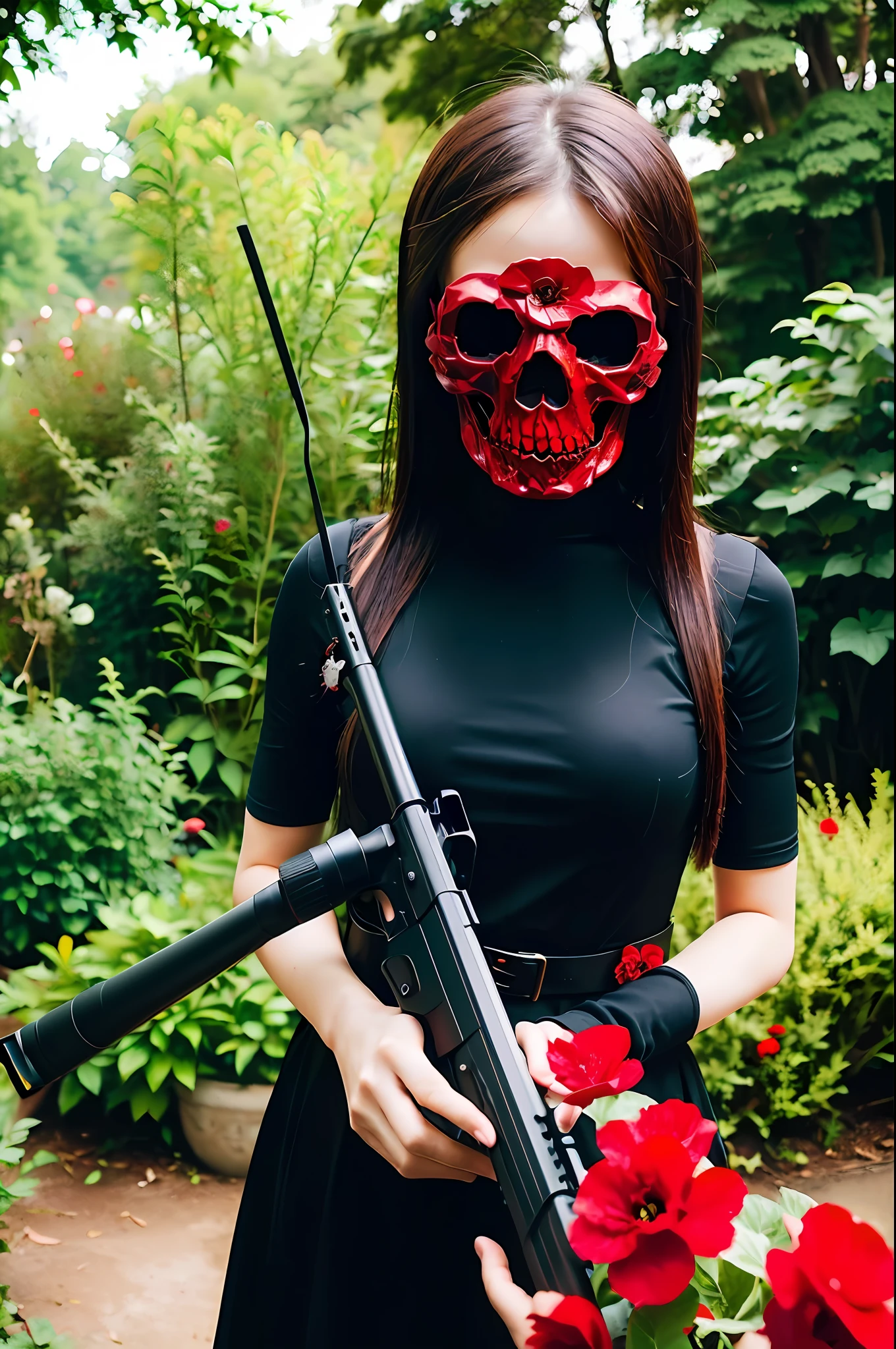 Shooting rifle, revolutionary, possesses a rifle, skull mask, dark theme, 18 year old girl in the garden, black dress, (top quality, masterpiece: 1.2), (red flower chaos in background: 1.3)