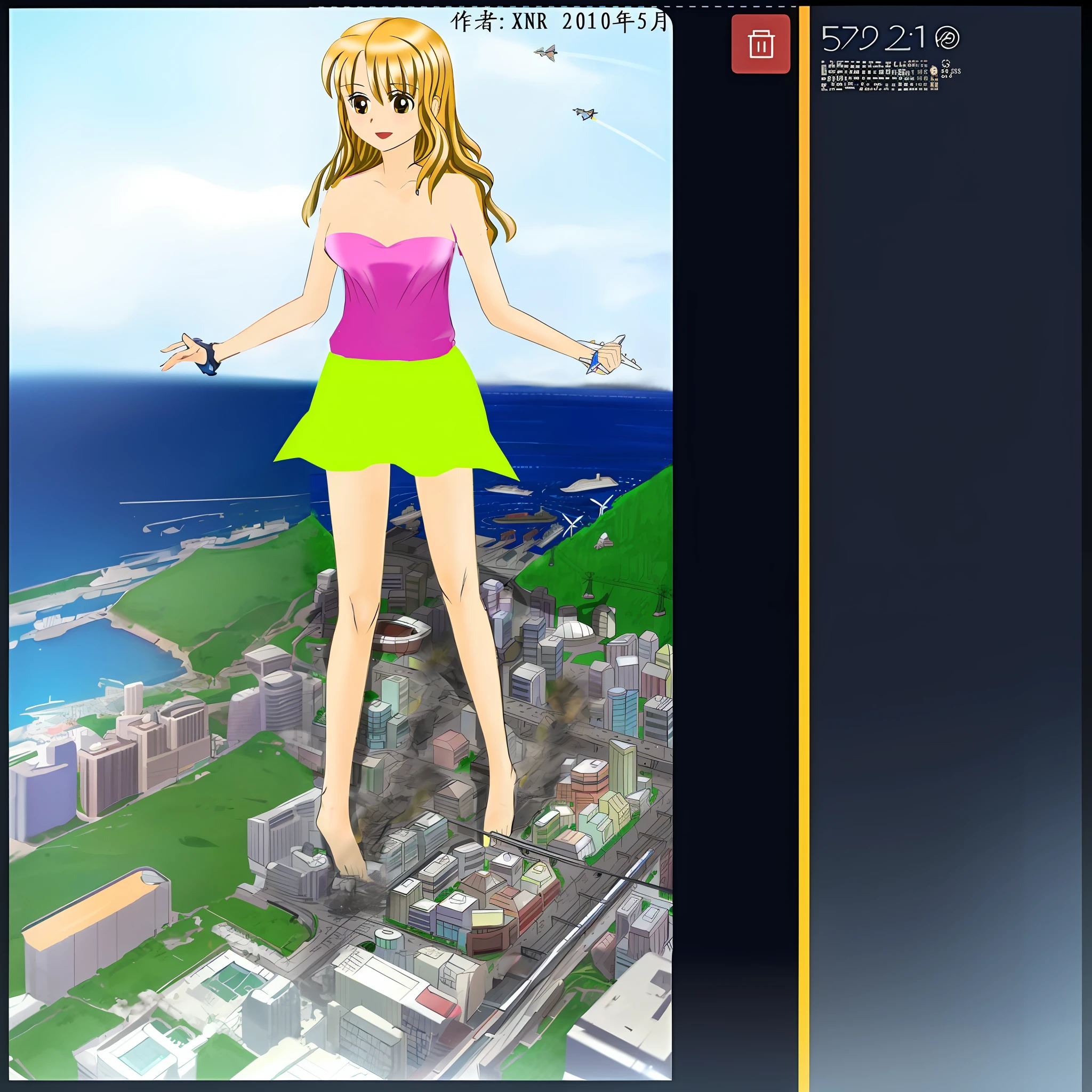 anime girl standing on a cityscape with a plane flying overhead, giantess, view(full body + zoomed out), full body:: sunny weather::, giantess art, distant full body view, !!full body portrait!!, giantess shot, highly detailed giantess shot, fashion gameplay screenshot, walking on top of a tiny city, macro giantess, fullbody view