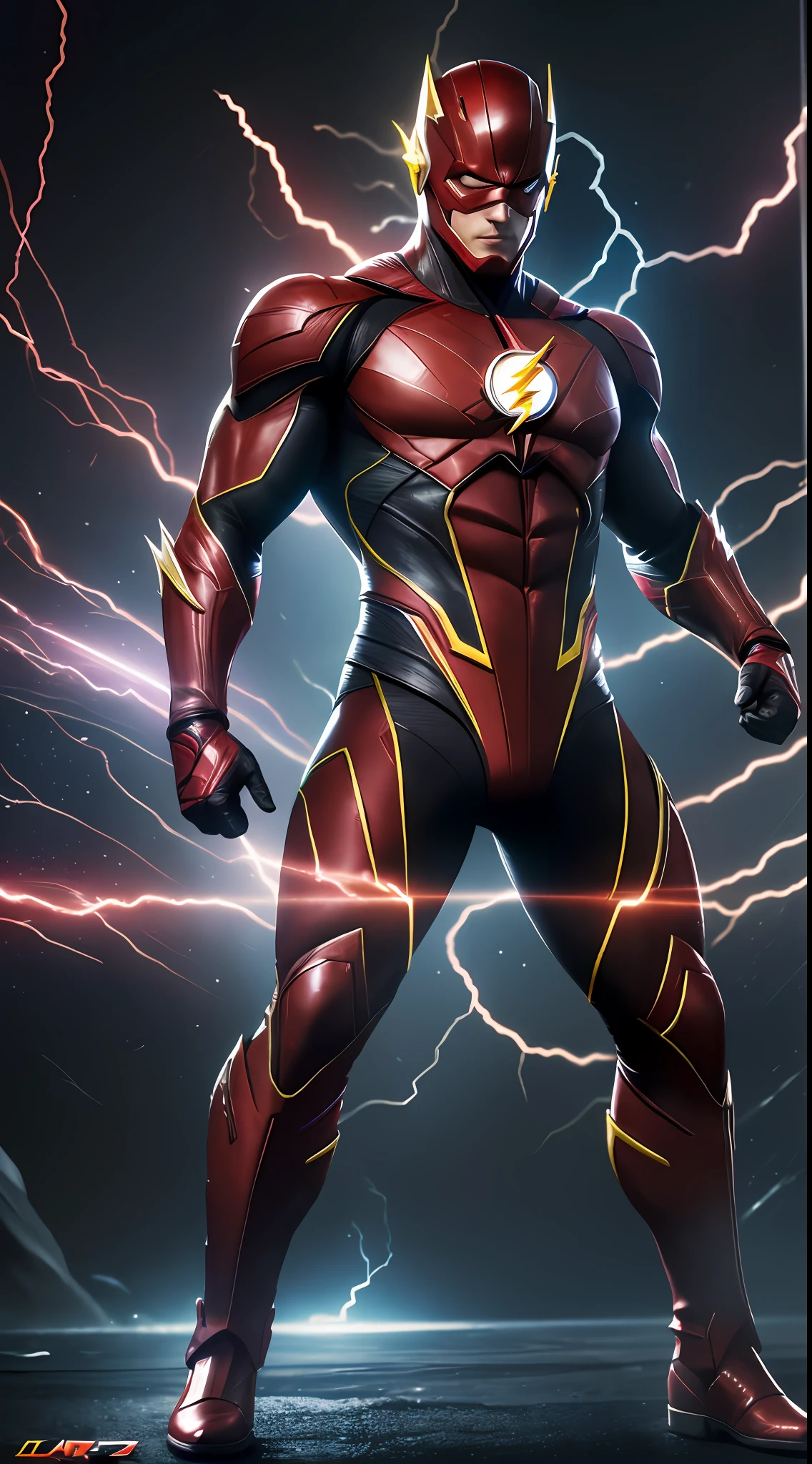 The Flash (Injustice 2), best quality, high resolution, tall, muscular, hunk, black and scarlet red neon suit, glowing yellow eyes, standing powerfully pose, yellow lightning trail, detailed face, detailed suit, ultra detailed, masterpiece, tunnle of light in the background, 4k, raw photo, volumetric lighting, low camera angle