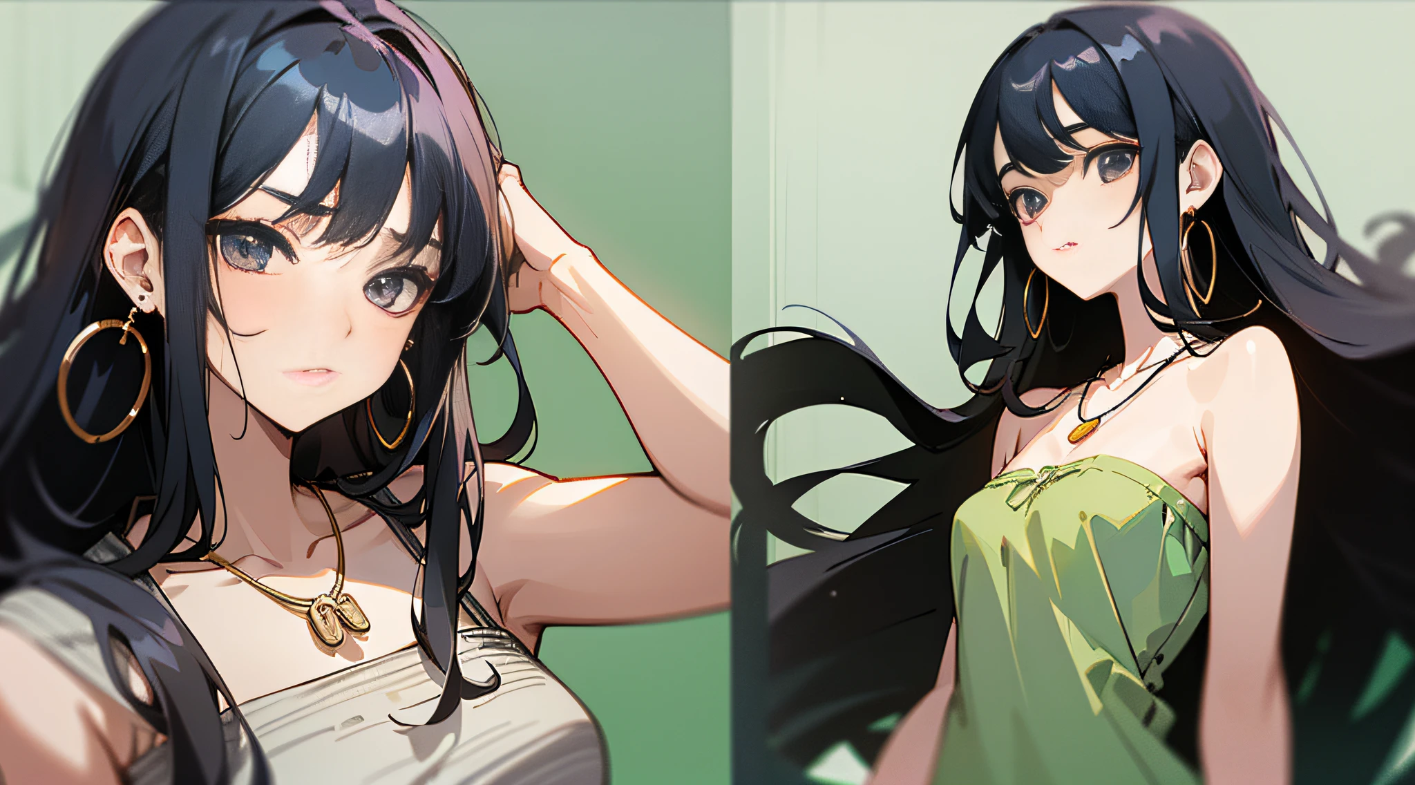 Girl grievance, background countryside outside, (Liu Wen: long hair, black hair, curly hair, bangs, asymmetric bangs, simple earrings, simple necklace, casual wear, bandeau dress, 21 years old), stereogram, anime, UHD, textured skin, high quality, high detail --auto --s2