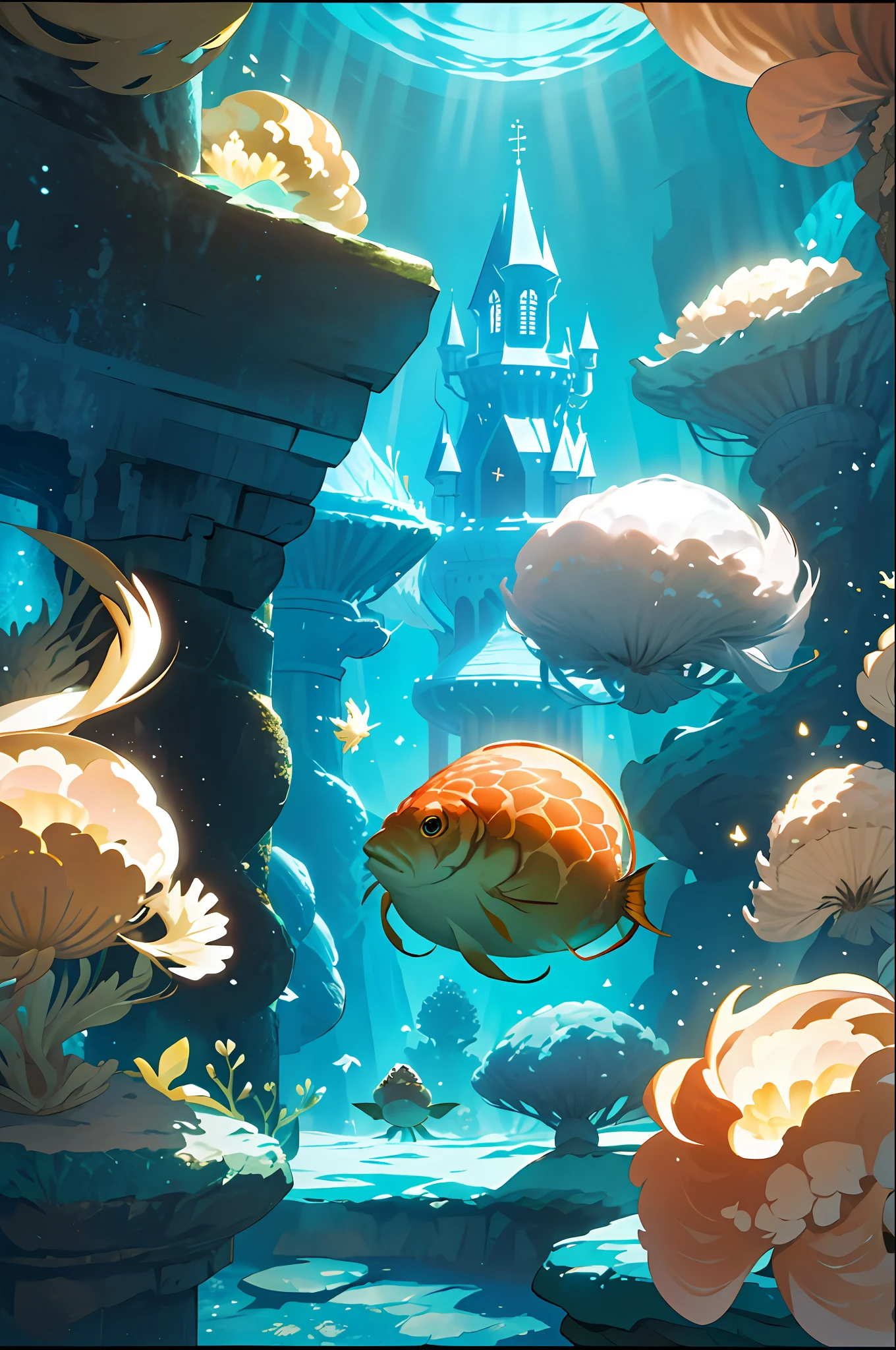 gourgeos, castle underwater, beautiful lights, particles, beams of light, strong shadows, gold, golden, corals, magic,misteryous, digital art, masterpiece, ruins, high details, debri, wood, fishs