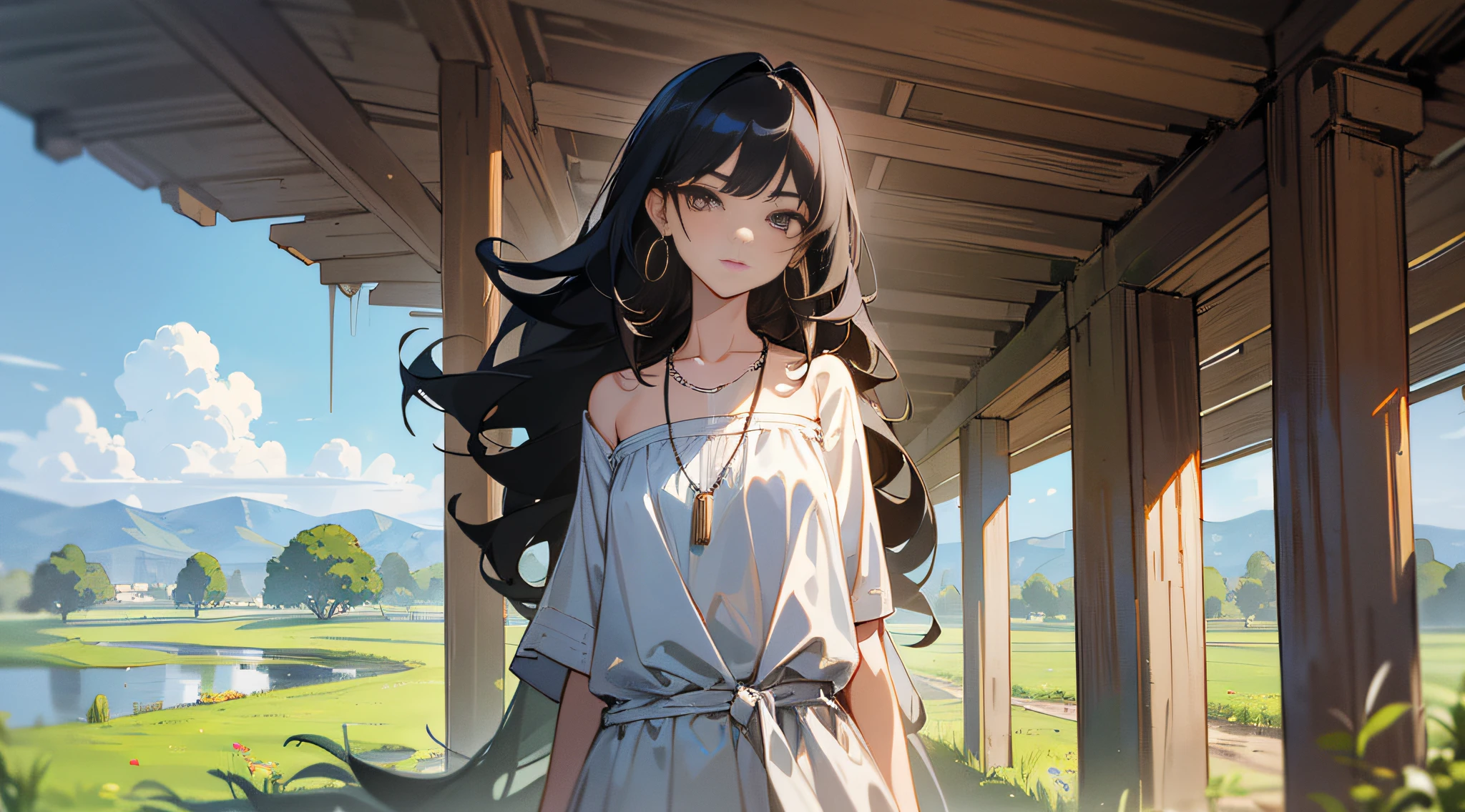 Girl grievance, background countryside outside, (Liu Wen: long hair, black hair, curly hair, bangs, asymmetric bangs, simple earrings, simple necklace, casual wear, bandeau dress, 21 years old), stereogram, anime, UHD, textured skin, high quality, high detail --auto --s2