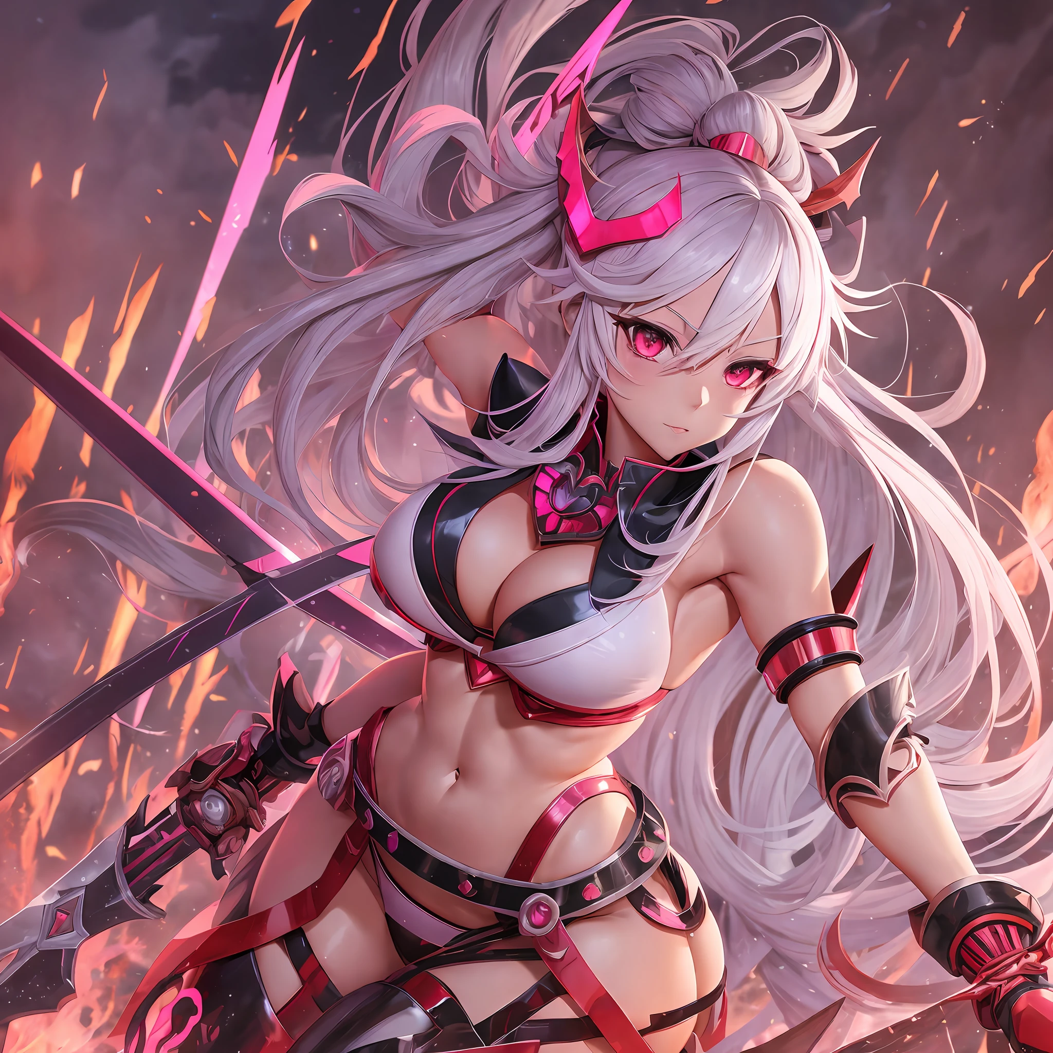 anime girl with a sword and a pink outfit, mika kurai demon, ryuko matoi, hot fire goddess, white haired deity, bikini. background of hell. gore, biomechanical oppai, of a ramlethal valentine, seductive anime girl, succubus in tight short dress, attractive matoi ryuko, anime goddess, li, demon anime girl