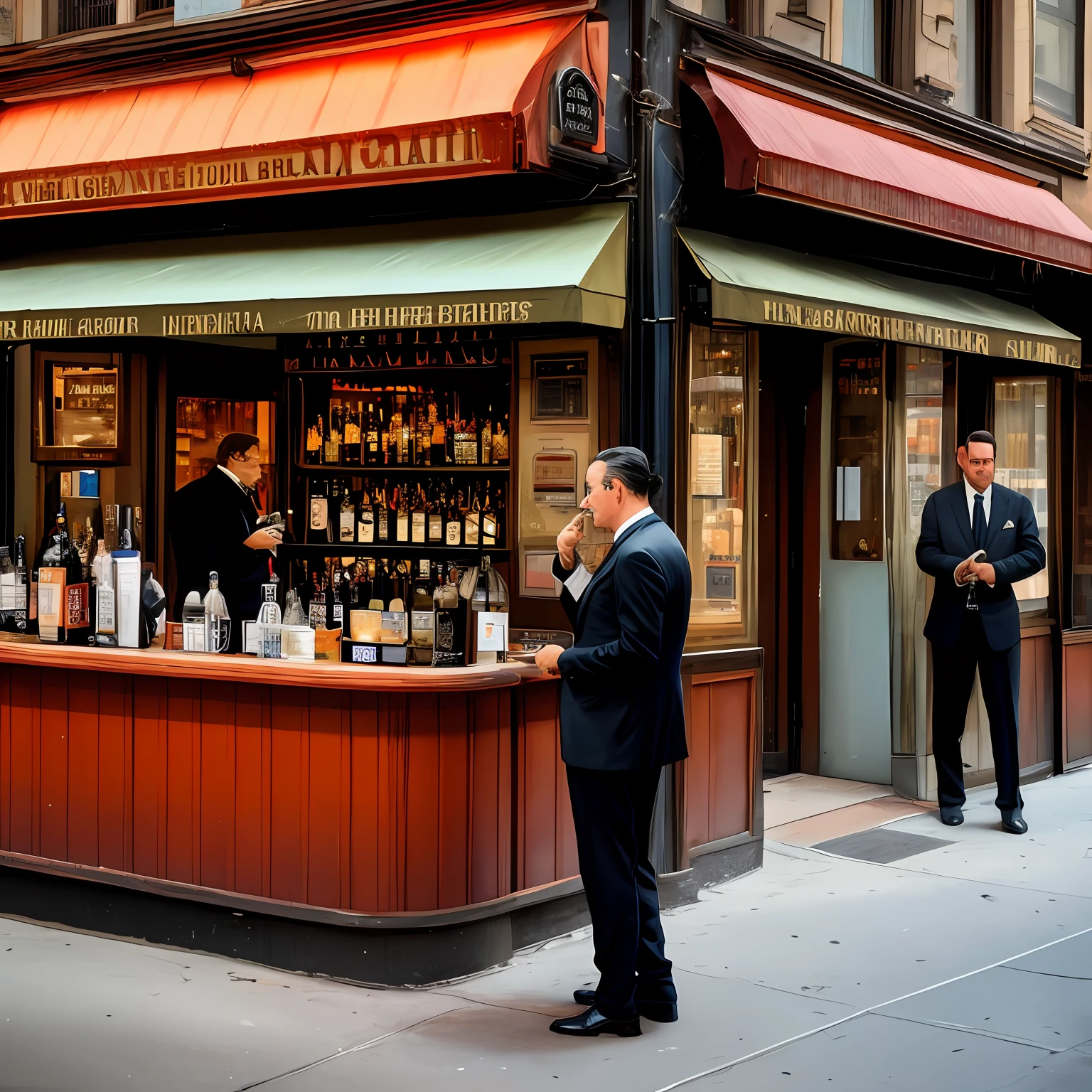 An image of an Italian mobster smoking a cigarette in front of a bar in New York (highest quality)