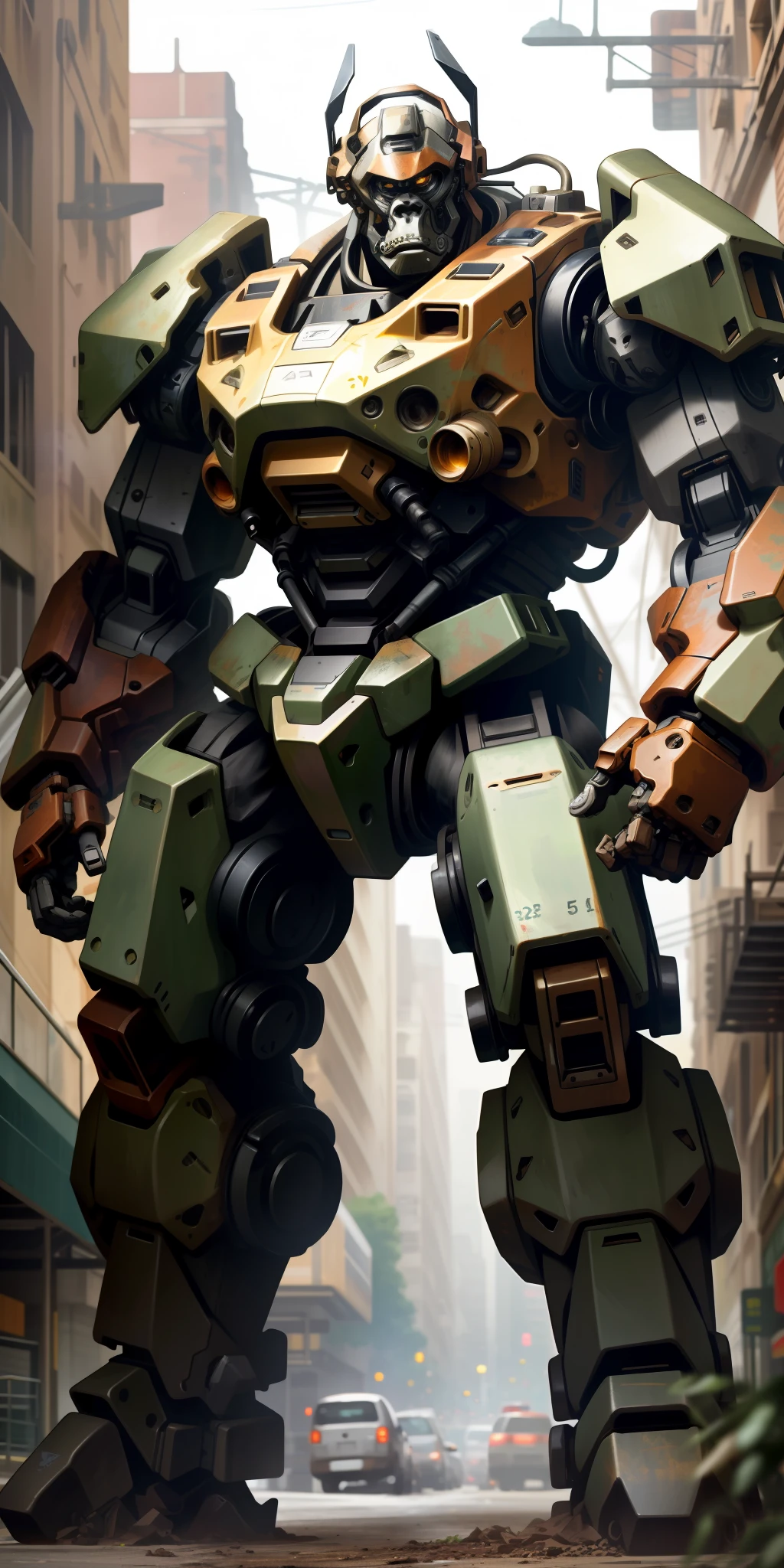 Gorilla shaped giant mech, perfect eyes, wearing a shabby mech suit, ((shallow bokeh)), complex, (steel metal [rust]), elegant, sharp focus, soft lighting, bright colors, masterpiece, (street)), cowboy shot, dynamic pose,