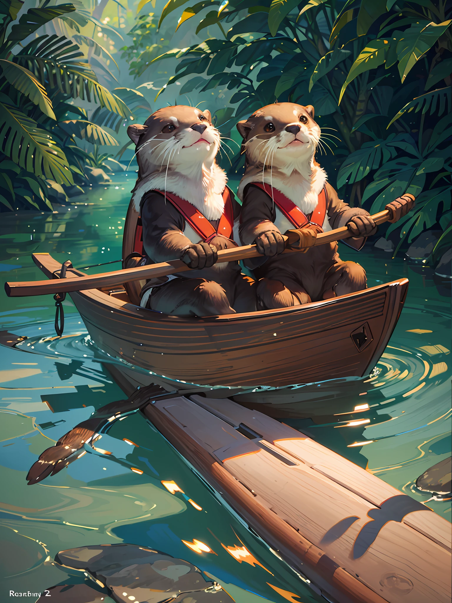 cute and realistic otters are riding on a canoe all wearing life jacket, paddling, sitting in a row, intricately detailed, fine details, hyperdetailed, raytracing, subsurface scattering, diffused soft lighting, shallow depth of field --auto --s2