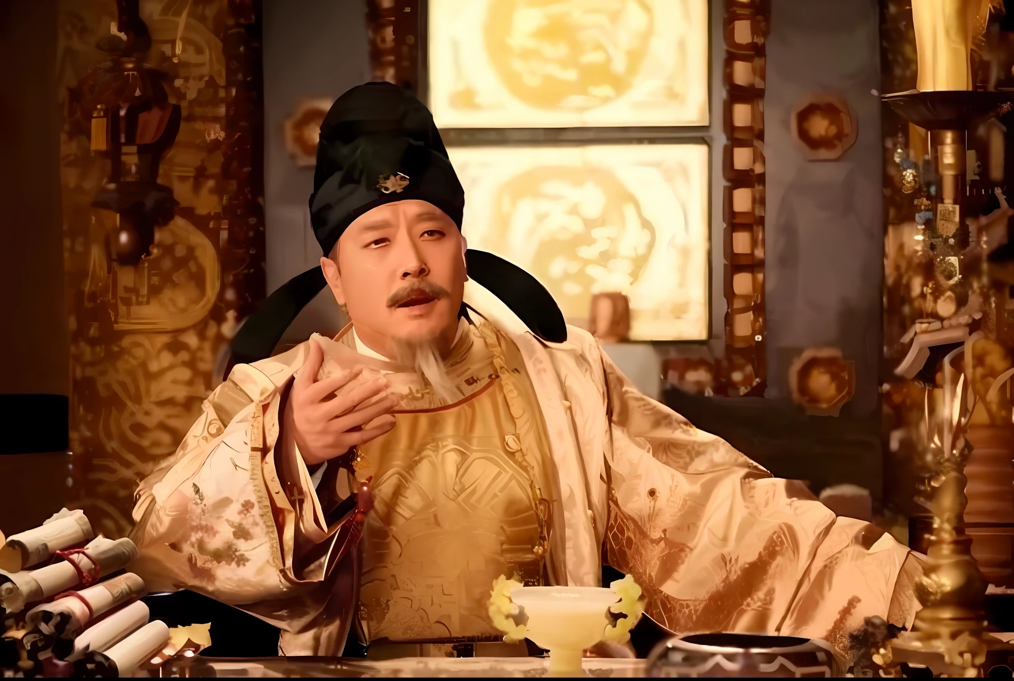 arafed man in a golden robe sitting at a table with a bowl of food, inspired by Hu Zaobin, wearing ancient chinese clothes, feng shu, pan ren wei, inspired by Wu Daozi, song nan li, hua cheng, guangjian huang, xue han, inspired by Xuande Emperor, xiang duan, bo feng