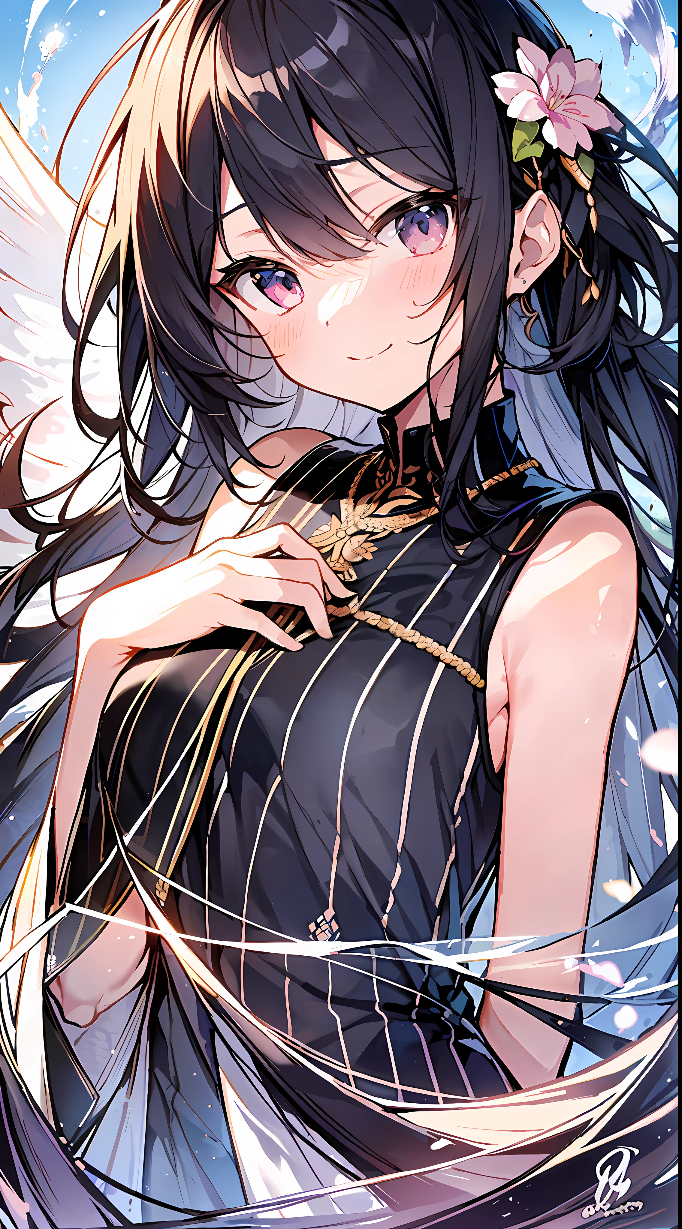 (Incredibly Absurdres Absolutely Resolution: 1.5), Top Quality, Masterpiece, Ultra High Definition, 8K, Summer Sky, Early Summer, (Wide Pants, Sleeveless with Black Stripes), Shojo Manga Style Loli, One, Soft Line Art, Digital Enhancement, Shojo Manga Touch, Shojo Manga Core, Flowing Fabric, Close Up, ( shoulder-length hair length and short braid)), soft drawing, fluffy, soft, beautiful black hair, clear eyes, (((gentle smile)), ultra-detailed digital anime art, clear face depiction, ultra-detailed shojo manga character art, clear facial features, ultra-detailed manga style, top quality color, hand gestures, looking up at the sky, angle that can see up to the feet, nature, zentangle:1.3、entangle、beautiful and aesthetic、High quality:1.3