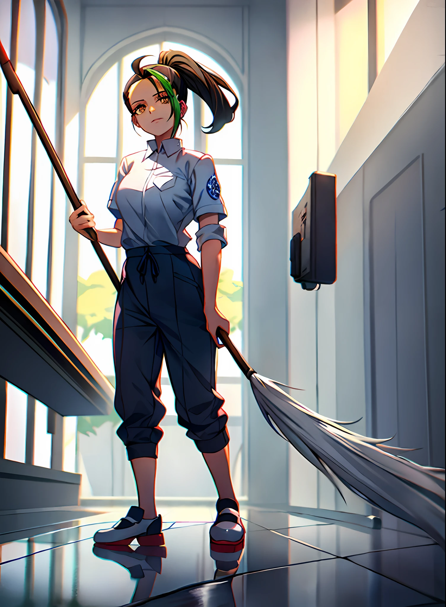 nemona \(pokemon\) working as a janitor, pretty, grey jumpsuit, mopping floor