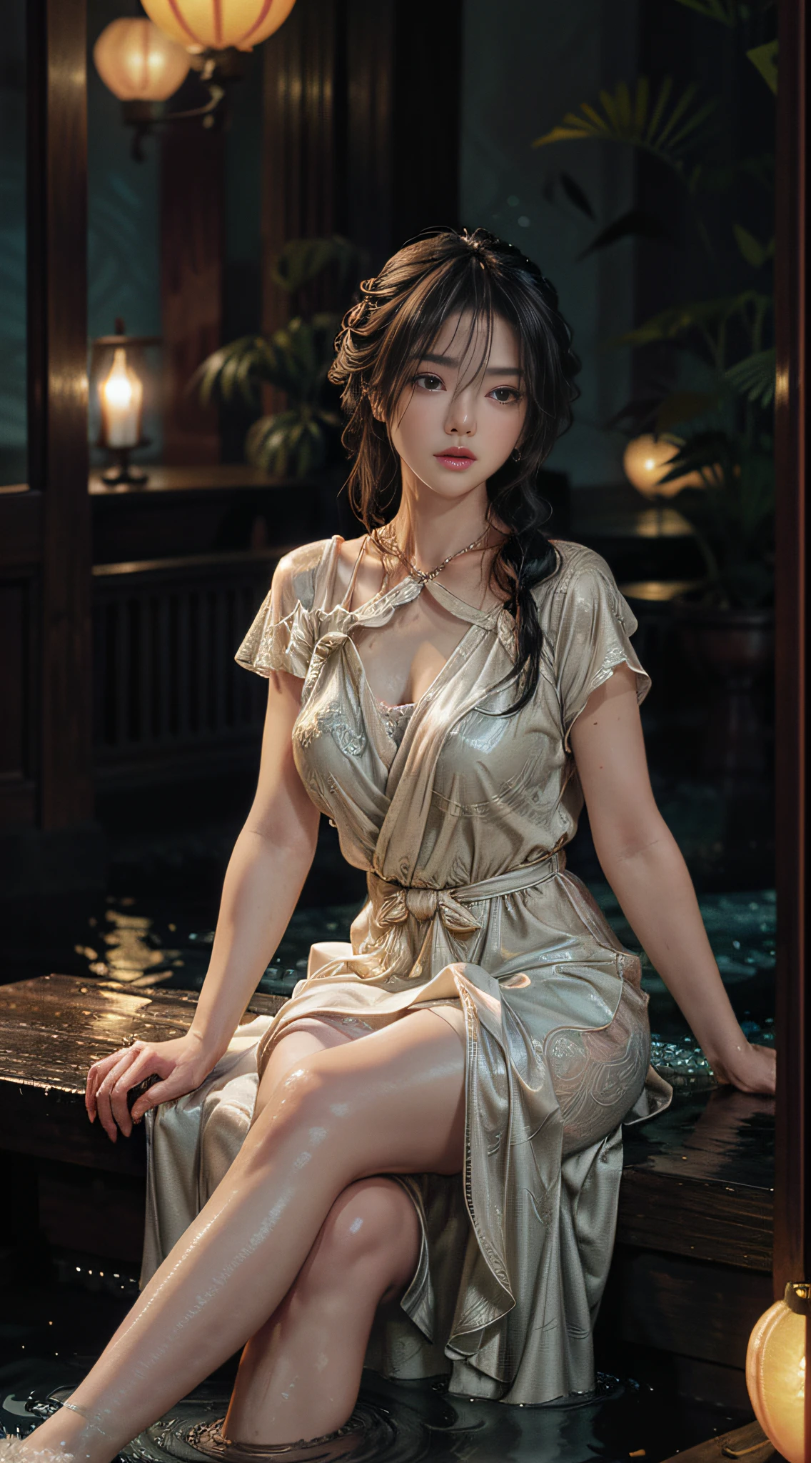 Holding lanterns, ores, gemstones, feet playing in the water, the art depicts a charming woman in a flowing, silky traditional oriental dress, a long red skirt, white trousers with soaked windows inside, decorated with intricate patterns and bright colors. Her dress drapes elegantly over her curvy figure, accentuating her seductive silhouette. She sits gracefully by the tranquil lotus lake, her feet playing in the water, bathed in the soft glow of the moonlight. The scene exudes an ethereal and dreamy atmosphere, with a touch of mystery and sexiness. The graphic style blends watercolor and digital illustration techniques to evoke a refined beauty and charm. The lights are filled with soft moonlight, casting soft highlights and shadows on her charming features. Bare thighs, big breasts, three-dimensional facial features, sitting, upturned legs, side braids