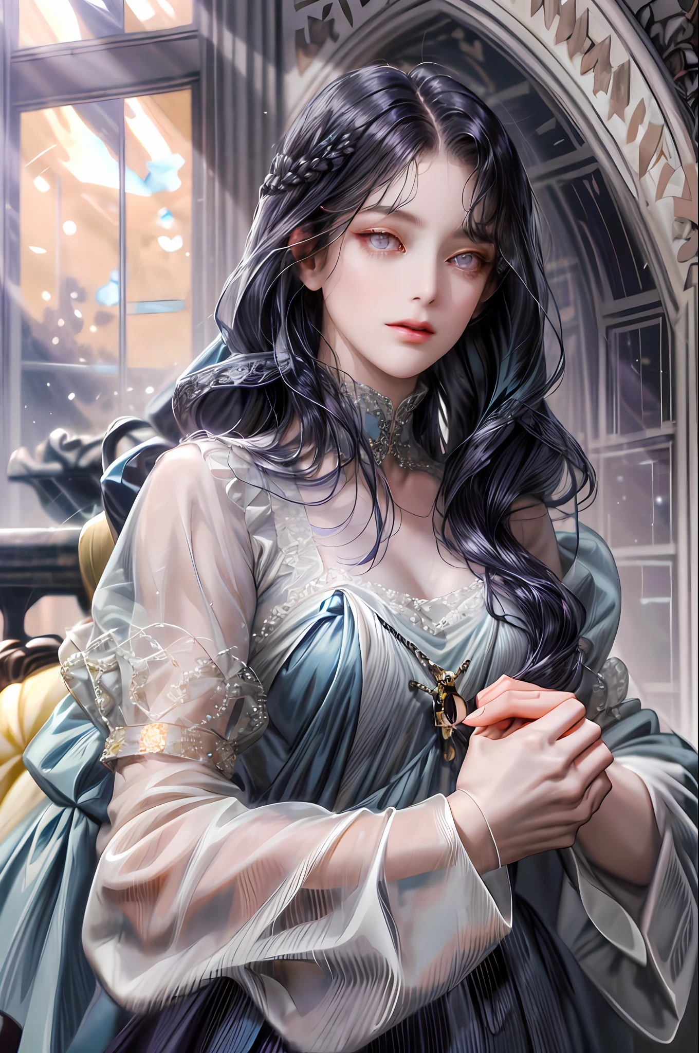 (absurdres, highres, ultra detailed), 1girl, solo, mature, (very long hair, dark blue hair), Marquess, long dress, long sleeve, elegant, colorful, highest detailed, upper body, (purple eyes), ((blunt bangs)), beautiful face, detailed face