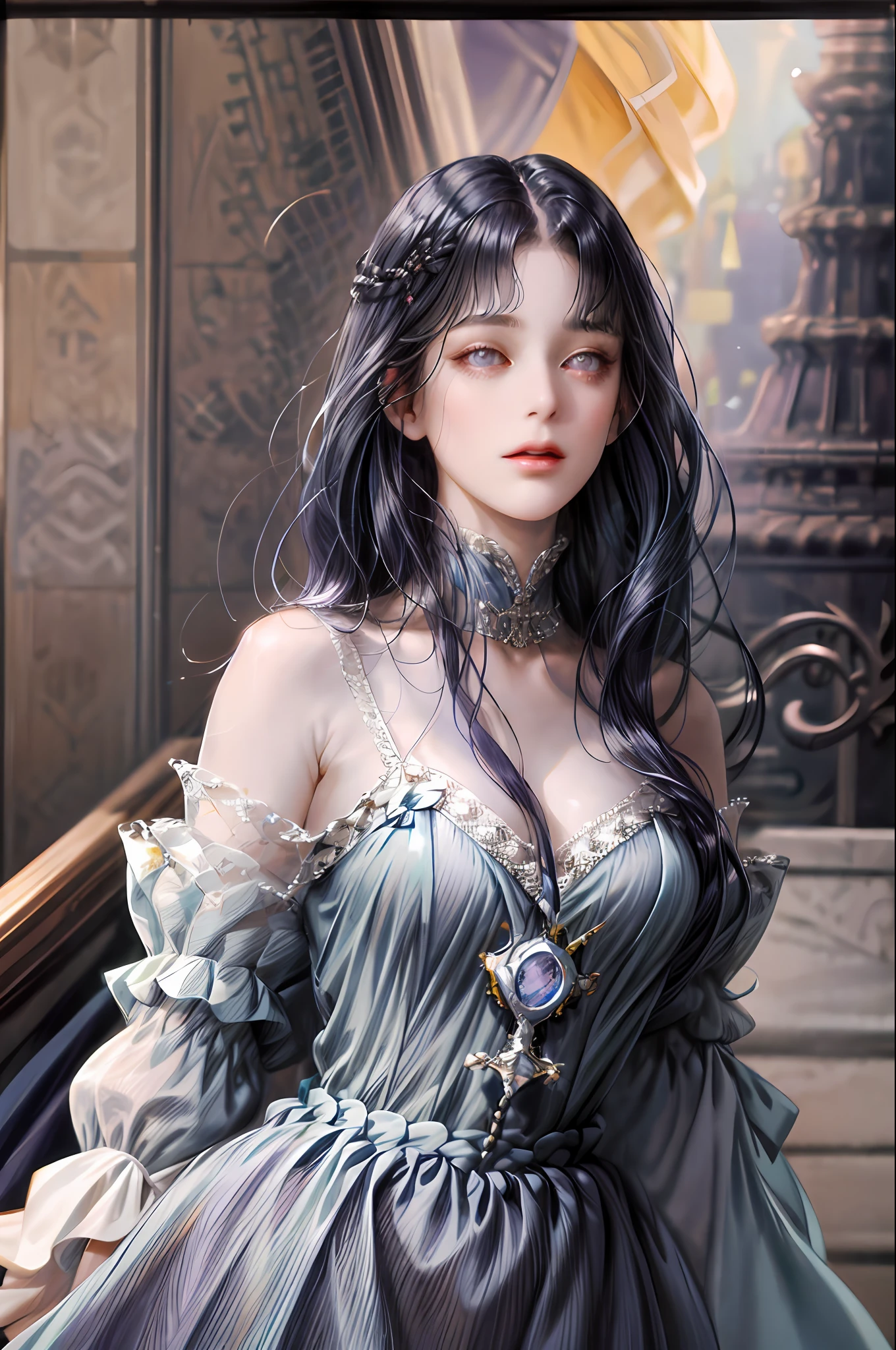 (absurdres, highres, ultra detailed), 1girl, solo, mature, (very long hair, dark blue hair), Marquess, long dress, long sleeve, elegant, colorful, highest detailed, upper body, (purple eyes), ((blunt bangs)), beautiful face, detailed face