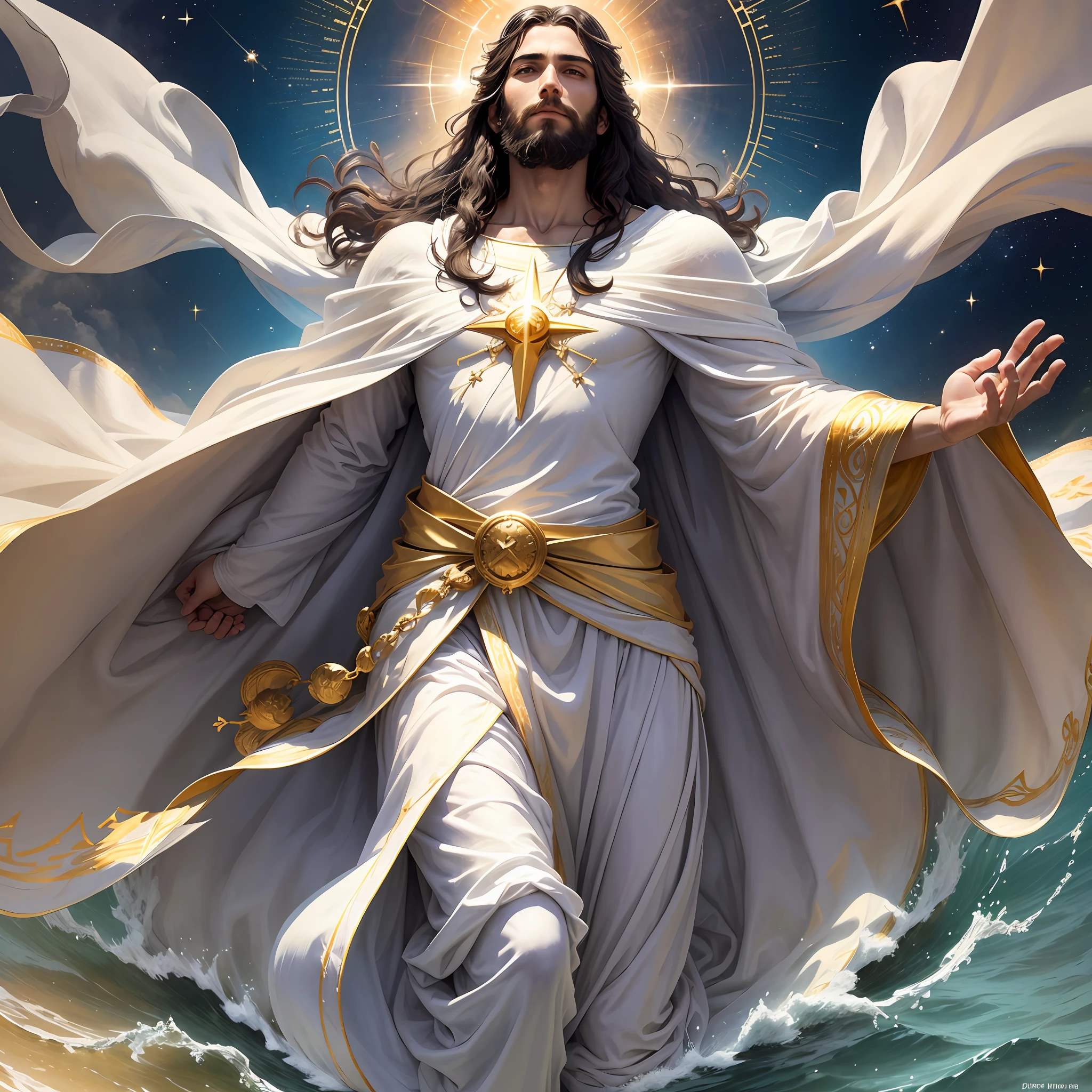 Jesus Christ in an iconic scene, walking gently on the waters of the Sea of Galilee. His gaze conveys serenity and divine power as He moves forward with steady, confident steps. The water around your feet seems to vibrate with a celestial energy. The sky above is painted in soft shades of blue and gold, radiating a celestial light that illuminates the entire environment.
On the head of Jesus rests a majestic crown, symbolizing His reign as King of Kings. The crown is adorned with shiny jewels and pearls, highlighting the royalty and glory attributed to Him. His garment is depicted with a white robe, flowing gently in the wind, reflecting purity and divinity. --auto --s2
