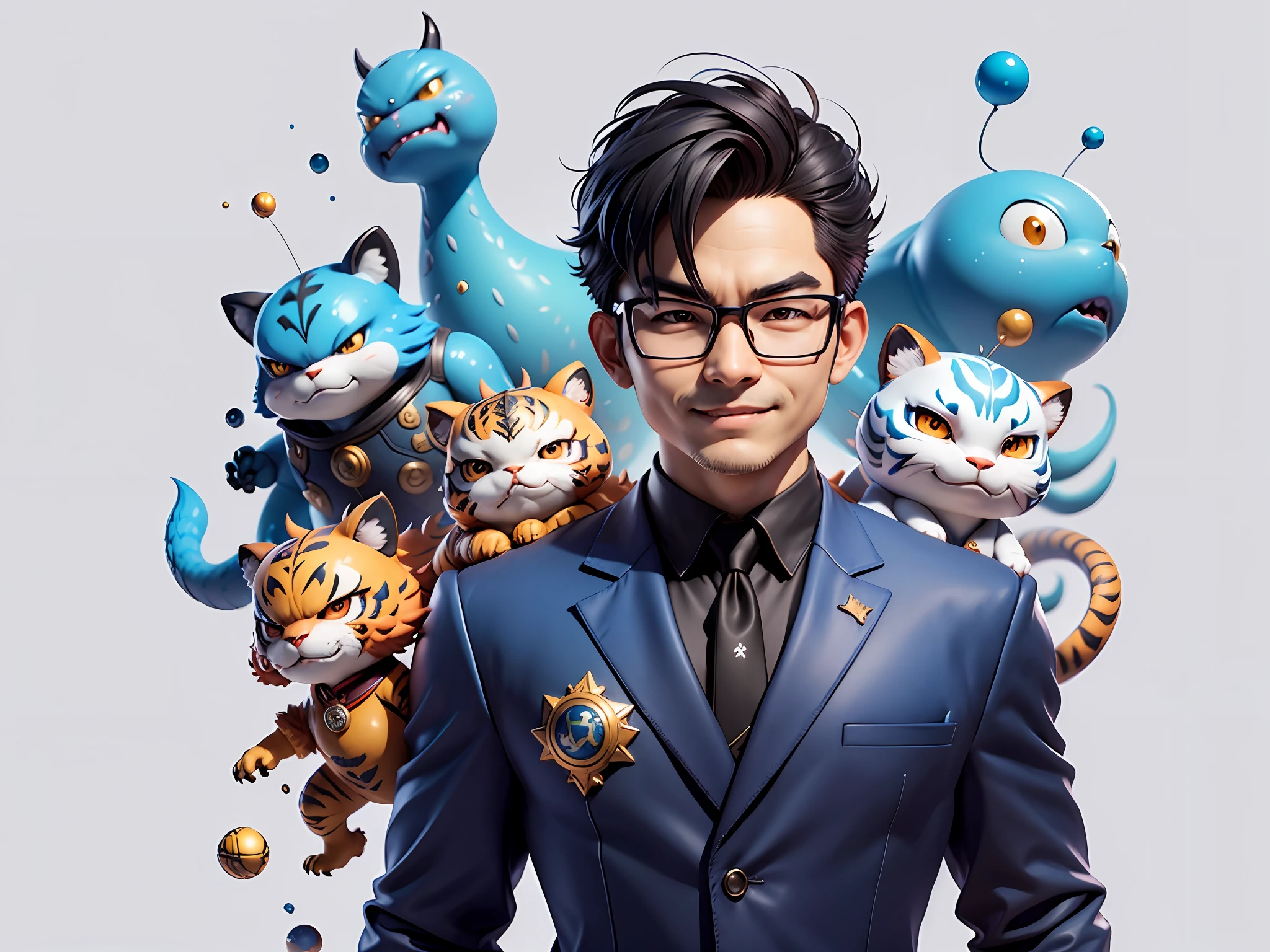 (Masterpiece), (Extreme Quality), (Super Meticulous), (Full Body: 1.2), Super Young Man, Chinese Dragon, Tiger, Wind God Thor, Sexy, Bursting, Oriental Face, TV Anchor, Bust Portrait Illustration, Black Formal Suit, Blue Tie, Slightly Chubby Face, Silver Glasses, Very Clean Face, No Beard on Chin, Black Super Short Hair, Black Eyes, Confident Smile, 3c Computer Sub-Products, iPad, iPhone, Digital Painting, 3D Character Design by Mark Claireden and Pixar and Hayao Miyazaki and Akira Toriyama, The illustration is a high-definition illustration in 4K resolution with very detailed facial features and cartoon-style visuals.