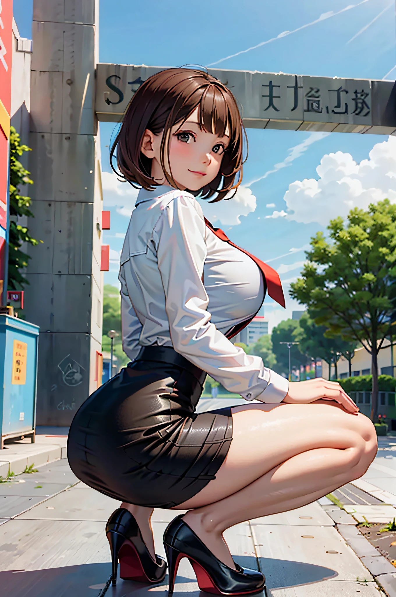 masterpiece, best quality,1girl,young girl,brown eyes,short hair,happy smile,shiny skin,(nice leg line:1.3),thin waist,huge breasts
BREAK
school uniform,necktie,((pencil skirt)),high heels
BREAK
park,crowd,depth of field,looking at viewer,squatting,from behind,upper body,legsupsexms