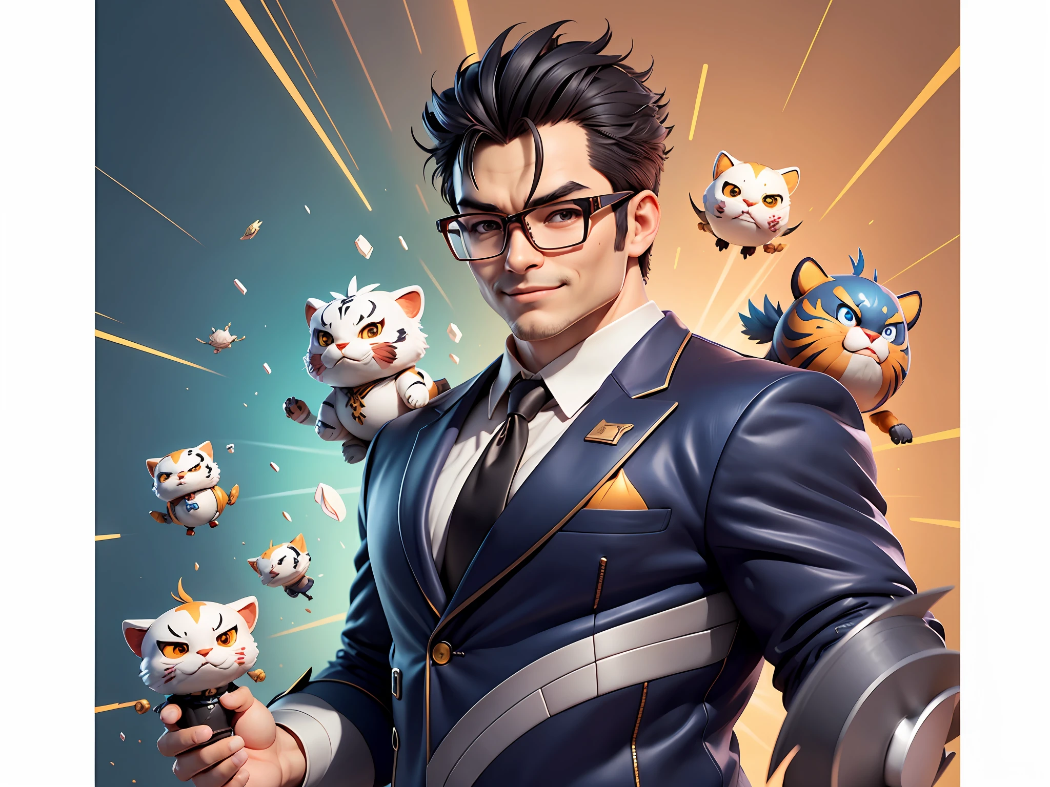 (Masterpiece), (Extreme Quality), (Super Meticulous), (Full Body: 1.2), Super Young Man, Chinese Dragon, Tiger, Wind God Thor, Sexy, Bursting, Oriental Face, TV Anchor, Bust Portrait Illustration, Black Formal Suit, Blue Tie, Slightly Chubby Face, Silver Glasses, Very Clean Face, No Beard on Chin, Black Super Short Hair, Black Eyes, Confident Smile, 3c Computer Sub-Products, iPad, iPhone, Digital Painting, 3D Character Design by Mark Claireden and Pixar and Hayao Miyazaki and Akira Toriyama, The illustration is a high-definition illustration in 4K resolution with very detailed facial features and cartoon-style visuals.
