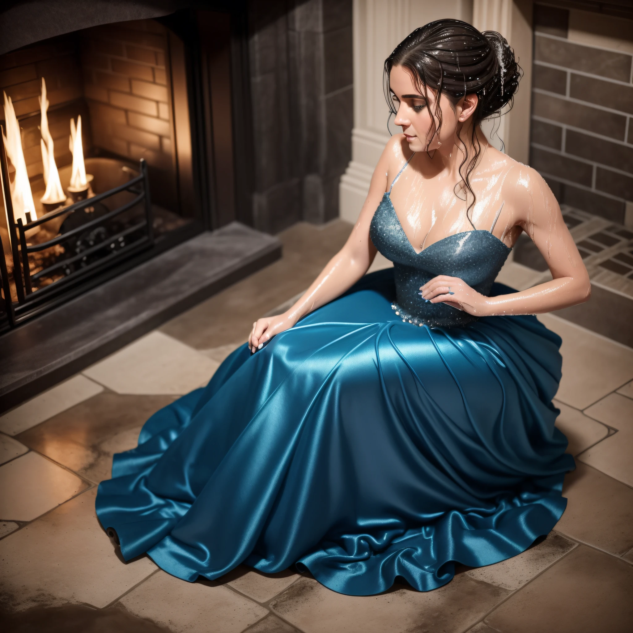 Cinderella, dressed still in her sparkling blue satin ballgown, kneels on the stone floor by the fireplace, scrubbing the caked-on dirt and grime with a brush. Her once-gleaming glass slippers are now scuffed and dirt-stained, but she hasn't bothered to take them off, her focus solely on the task at hand. Her hair, once styled in an elegant updo, has come undone, and strands of brown hair fall haphazardly around her flushed cheeks. She still wears her long, white satin gloves, now stained with soot and grime. Her face is smudged with soot and dirt, but her eyes still sparkle with the memory of the magical evening. Her movements are slow and deliberate, as if she is lost in thought, her mind still reeling from the events of the night. She continues to scrub the floor, a small smile playing at the corners of her lips. (((drenched))) (((soaked))) (((wet hair))) (((wet dress)))