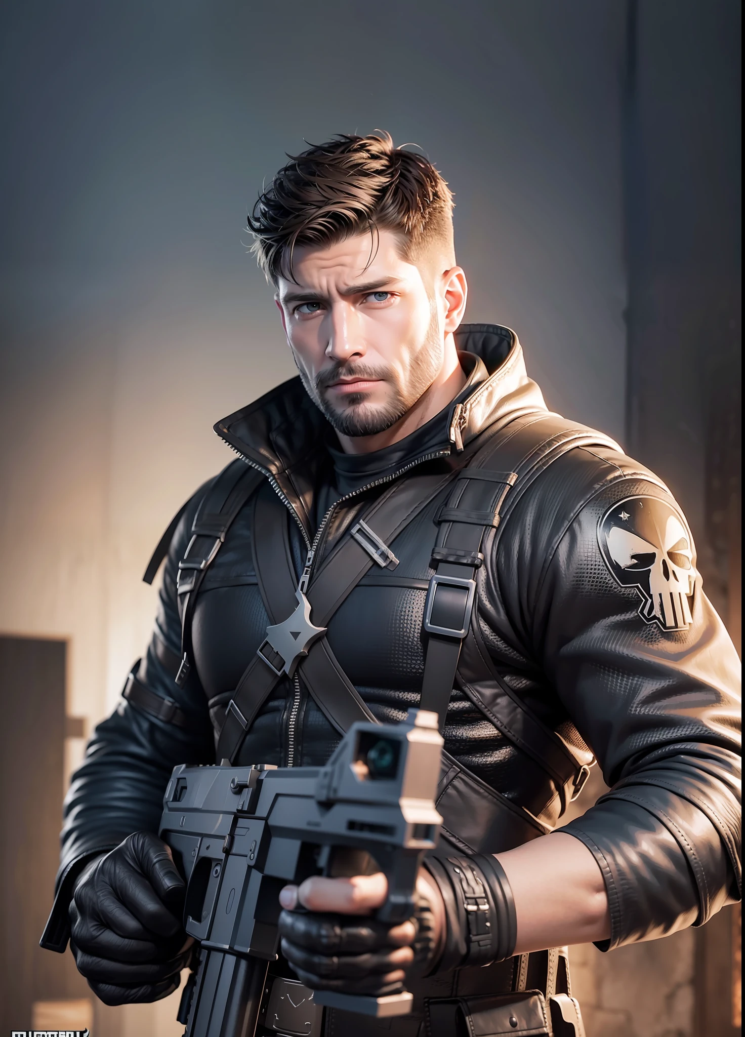 Dean Winchester bearded as The Punisher holding a weapon (Masterpiece) hyperrealist & photorealist in highly & extremely detailed combat suit body (masterpiece), Unity 8k, ((in ZBrush)), full HD midnight aura, developed by Unreal Engine 5, Ultra Sharp Focus, vibrant & intricate, epic in destroyed battlefield