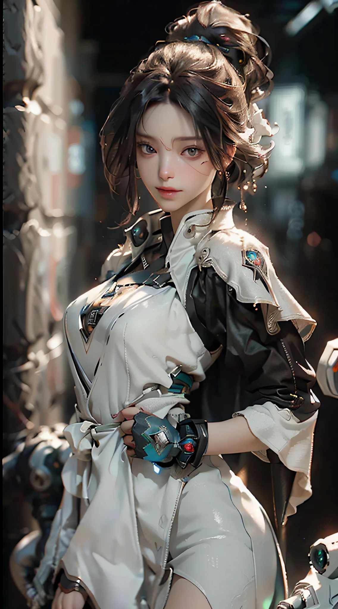 ((Best quality)), ((masterpiece)), (detailed:1.4), 3D, an image of a beautiful cyberpunk female,HDR (High Dynamic Range),Ray Tracing,NVIDIA RTX,Super-Resolution,Unreal 5,Subsurface scattering,PBR Texturing,Post-processing,Anisotropic Filtering,Depth-of-field,Maximum clarity and sharpness,Multi-layered textures,Albedo and Specular maps,Surface shading,Accurate simulation of light-material interaction,Perfect proportions,Octane Render,Two-tone lighting,Wide aperture,Low ISO,White balance,Rule of thirds,8K RAW,