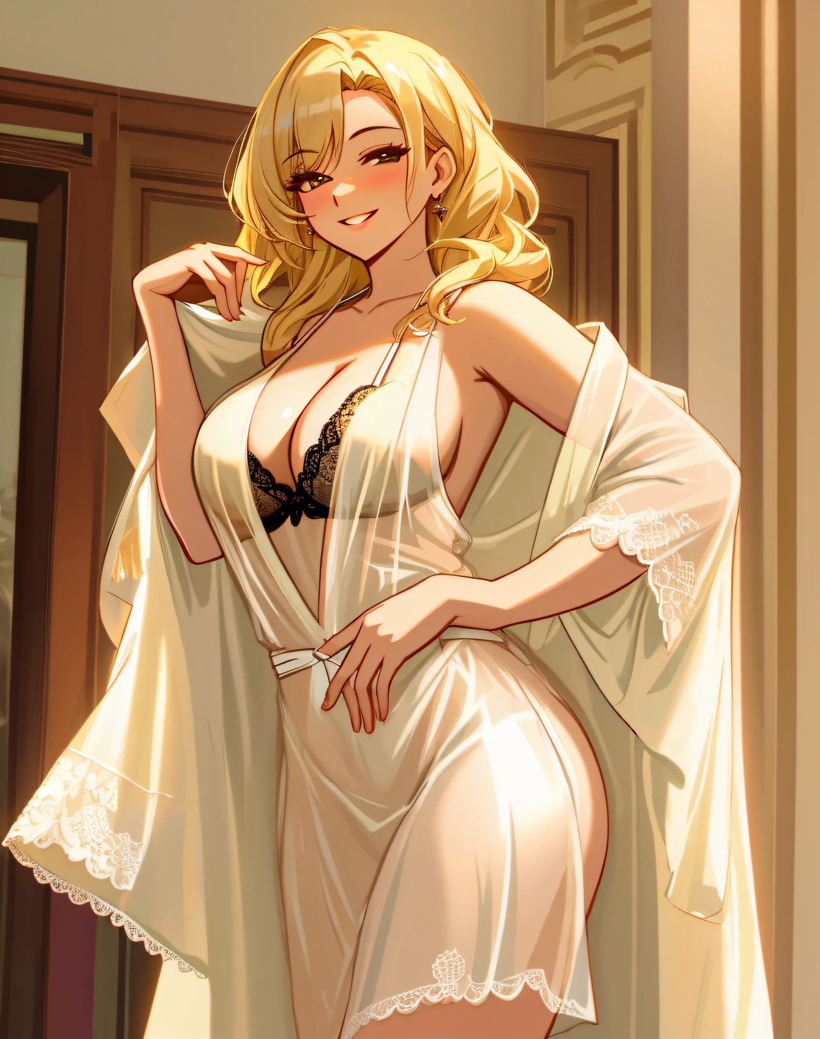 4K, Masterpiece, highres, absurdres, smiling,edgTemptation, a woman in a sexy lingerie sheered robe posing for a picture , wearing edgTemptation, white lingerie, blonde hair, milf, cleavage, large breasts, happy smile