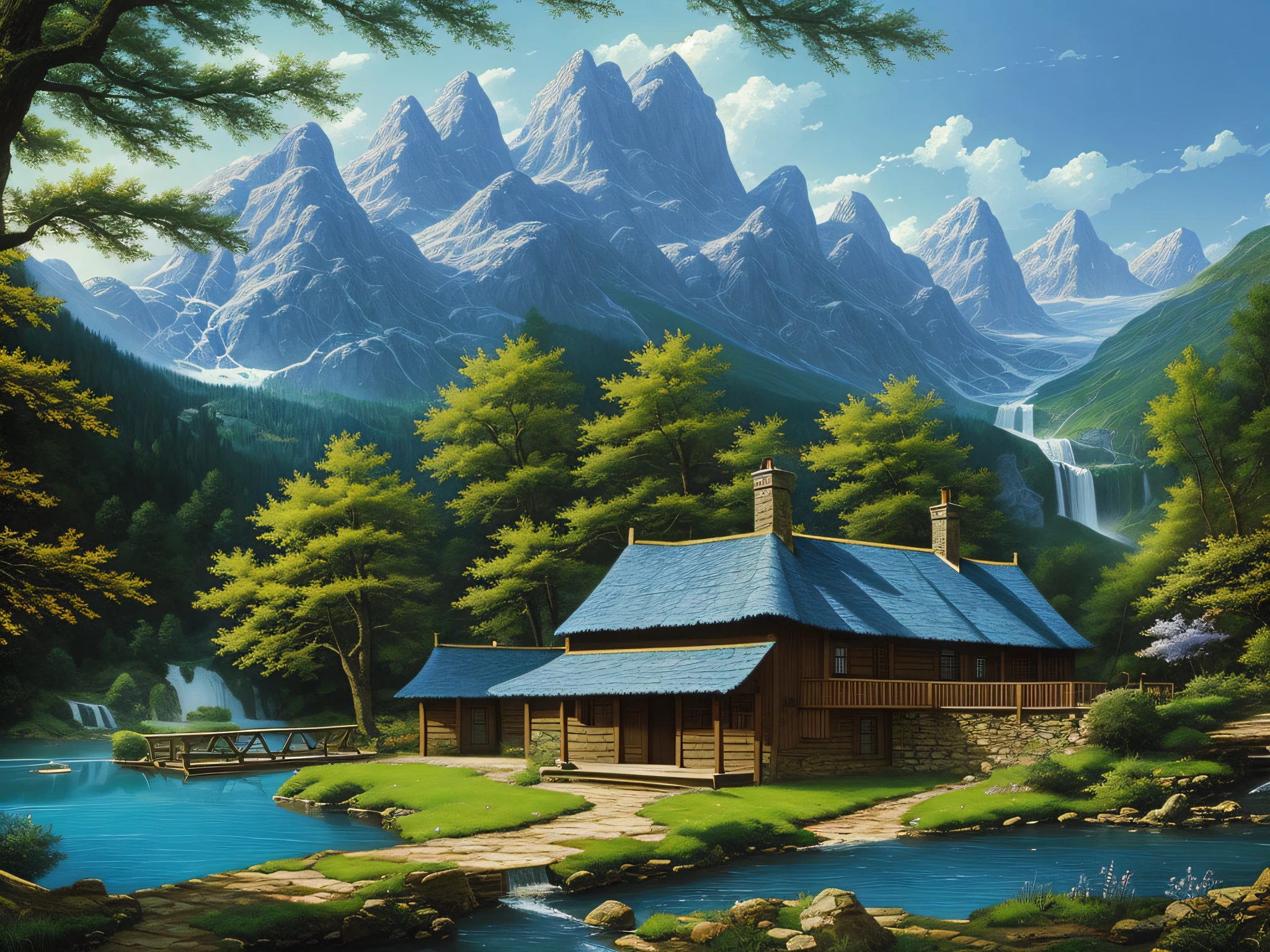 A medieval cabin with blue painted roof by a lake with a waterfall in the background surrounded by an oak forest, painted by Ted Nasmith, super detailed, super rendering, landscape, panoramic view