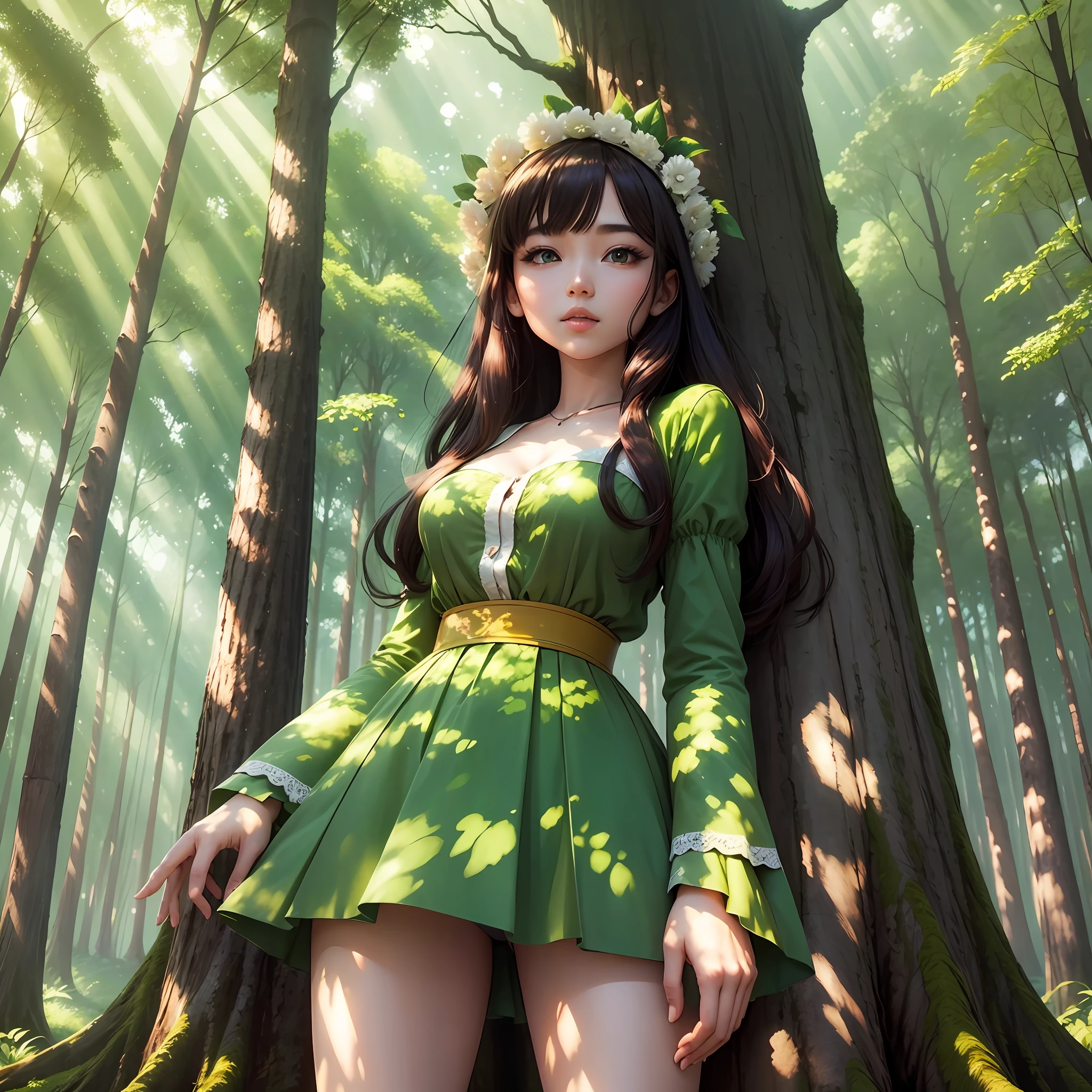 The sun, big trees, bright sun, under the shade of emerald green, stands a beautiful girl. --auto --s2