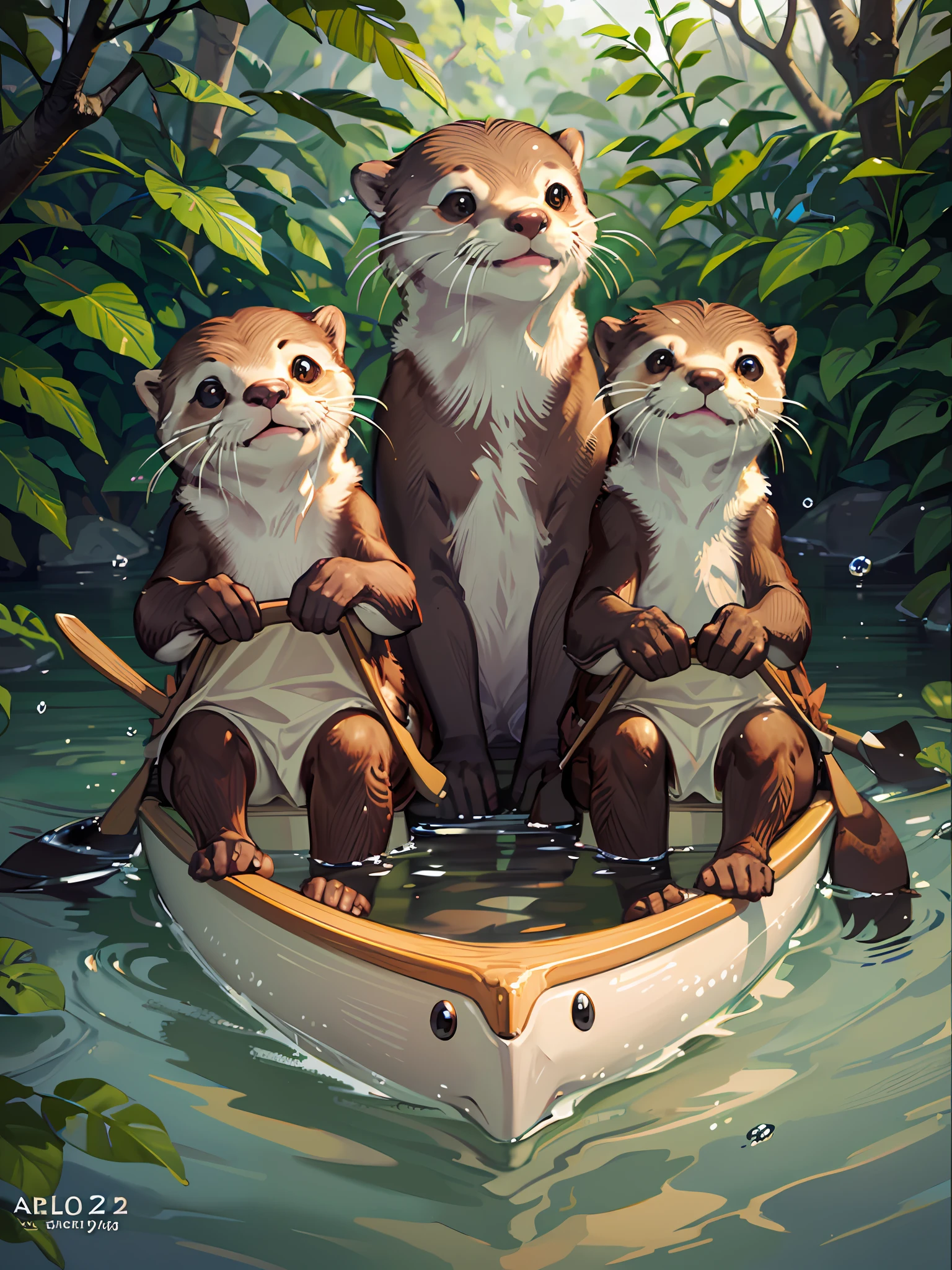 cute and realistic otters are riding on a canoe all wearing life jacket, paddling, sitting in a row, intricately detailed, fine details, hyperdetailed, raytracing, subsurface scattering, diffused soft lighting, shallow depth of field --auto --s2