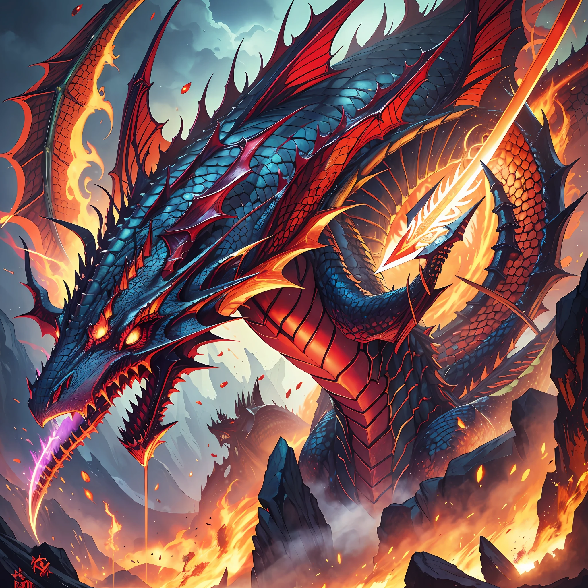 Close up of dragon with sword in hand, gorgeous supreme demon king, full art, high definition official artwork, plant dragon cyborg, magnificent complex Orobolos, kitava, kitava insatiable hunger, colorful muscle eldrich, 1/100 occlusion speed