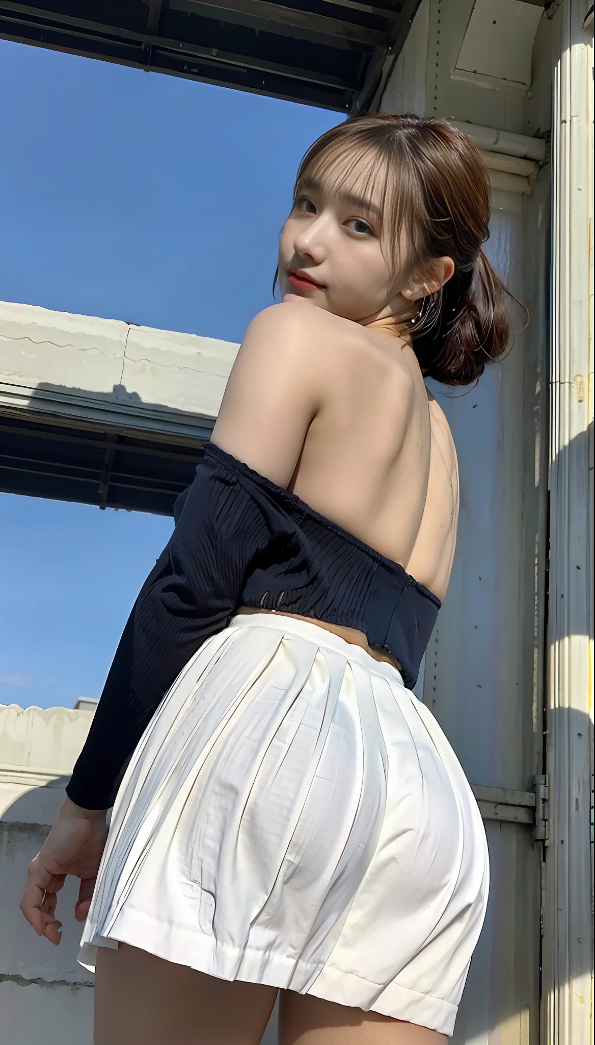 Best Quality, Masterpiece, 1 Girl, Beautiful Face, (Photo Realistic:1.3), Edge Lighting, From Under, (High Detail Skin: 1.2), 8k Ultra HD, DSLR, High quality, High resolution, 4K, 8K, Bokeh, Ridiculous, Best Ratio Four Fingers and One Thumb, (Realistic: 1.3), Cute 1girl, Huge Tits, Super Short White Pleated Skirt, Super Big Ass Up, Cocked Astocks, Beautiful Buttocks, Nudity, From Below, Outdoor, Sky