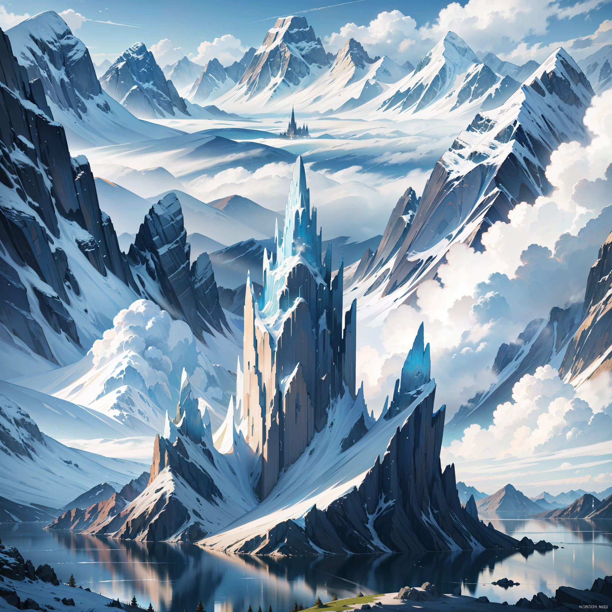 a view of a mountain with a lake and clouds in the background, 4k highly detailed digital art, 4k detailed digital art, beautiful art uhd 4 k, 8k stunning artwork, symmetrical fantasy landscape, fractal thunder dan mumford, epic dreamlike fantasy landscape, impressive fantasy landscape, mystical fantasy landscape, digital artwork 4 k, digital art 4k