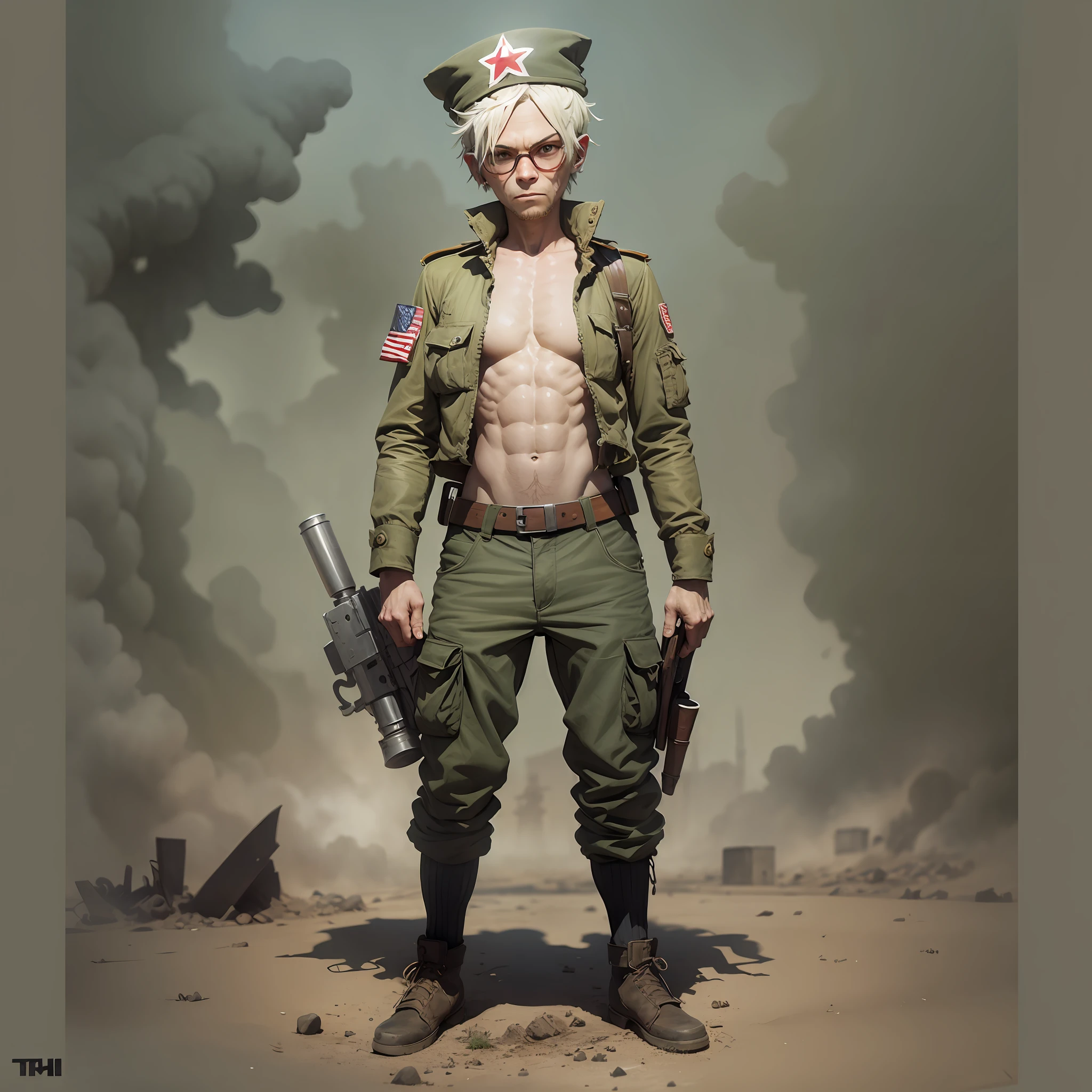 full body view, character by Jamie Christopher Hewlett, war background, cinematographic --auto --s2