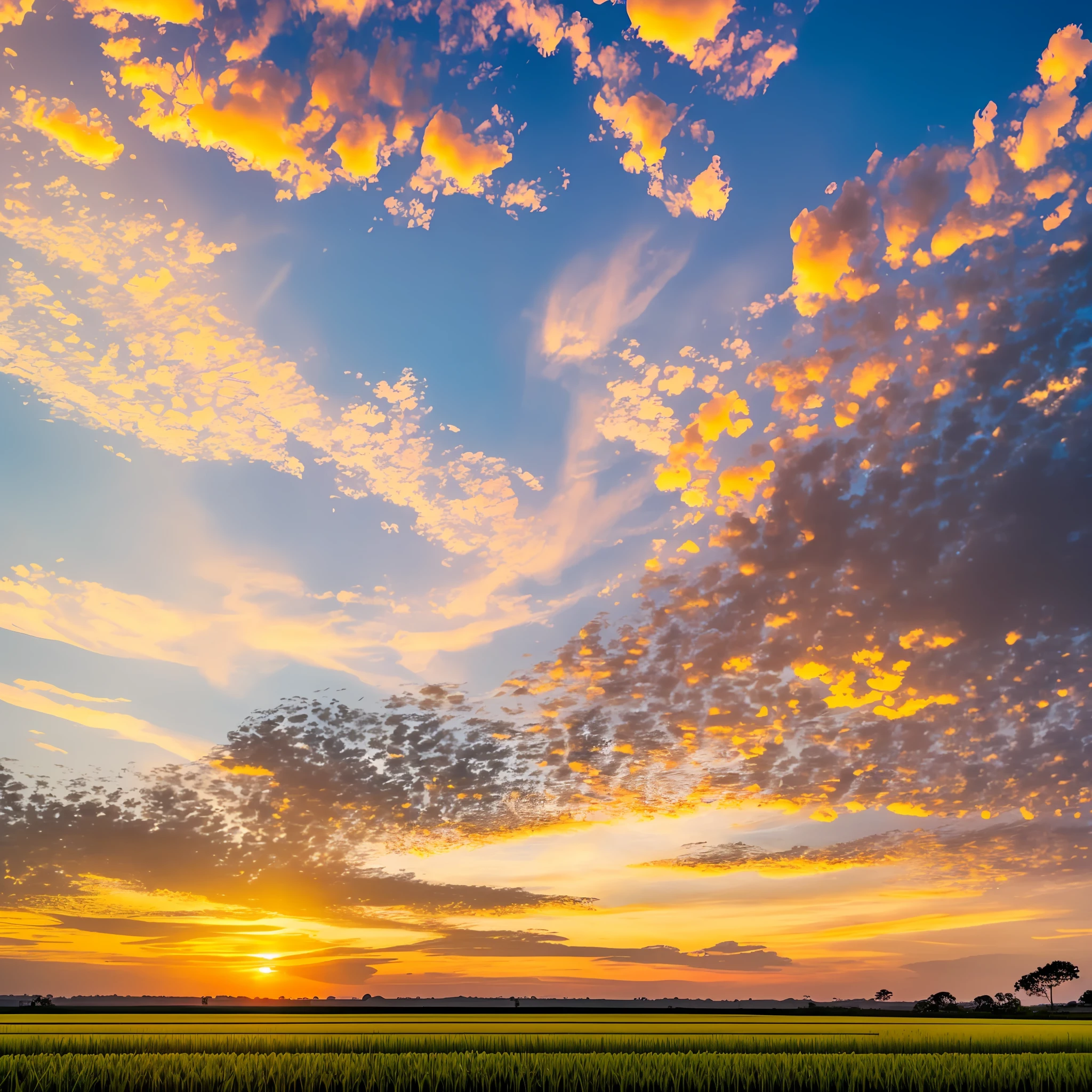 Dusk, sunset, golden rice fields, golden clouds under the sun, dominated by golden yellow, endless rice fields, no man, quiet, free, beautiful, detailed, real --auto --s2