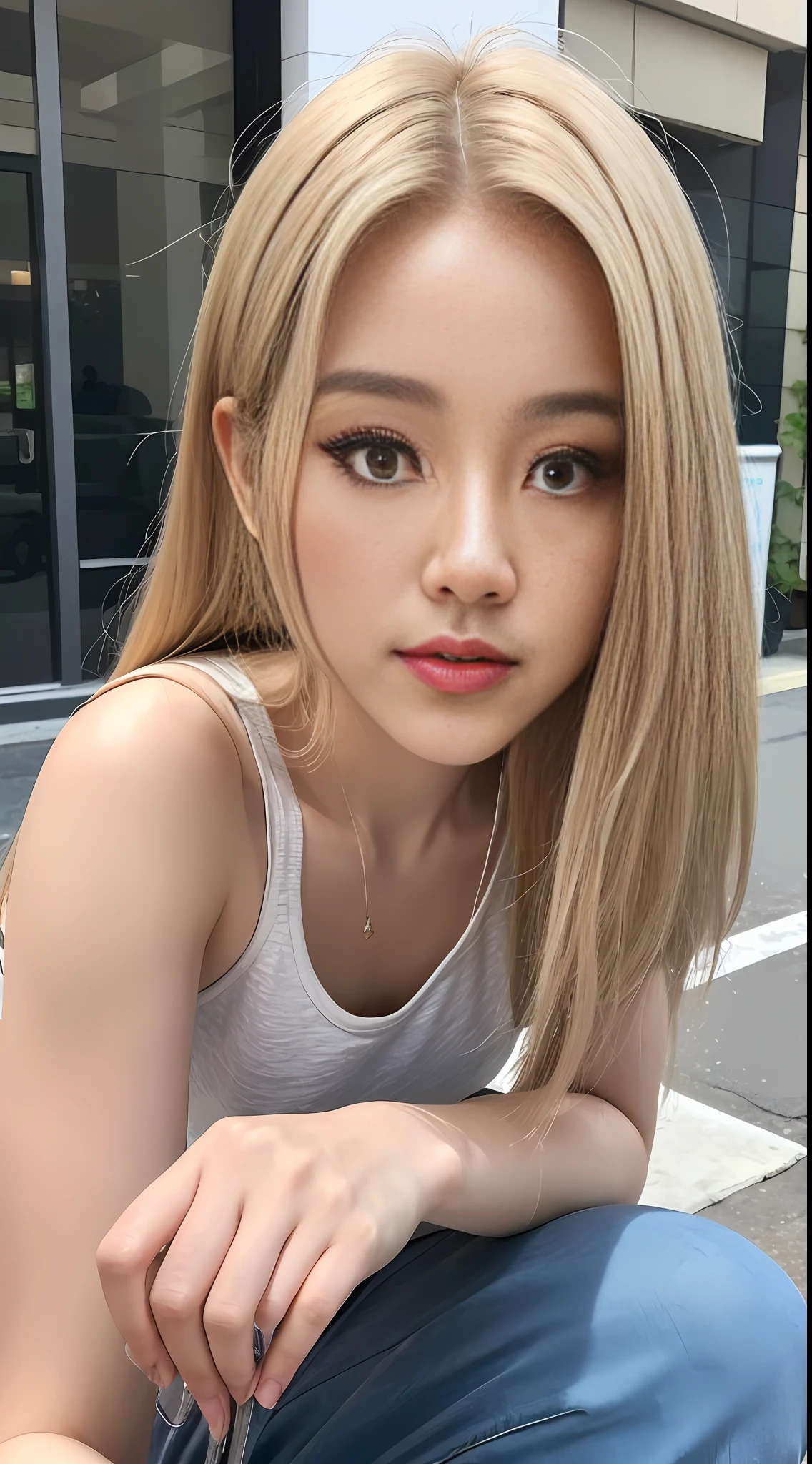 ((top quality, 8k, masterpiece: 1.3)), 1 girl, Korean model, smile, full body, slim face, very pretty woman, (platinum bronze hair), tank top: 1.1, shorts, ultra-detailed face, detailed eyes, double eyelids, blurred background, slim face, big breasts, city, outside, street, slouch: 1.3), squatting, (from top: 1.2), (close-up: 1.4), subjectivity