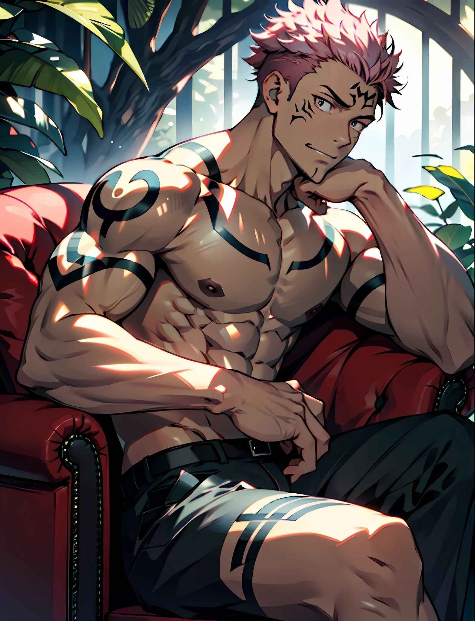 Best quality, masterpiece, expressionless, ultra high res, detailed background, solo, muscular male, short hair, sitting, sofa, real shadow and light,depth of field, Sukuna a man with pink hair and shirtless, tattoo_ryoumen, tattoo_on_his_face, eye focus, manly, mature,