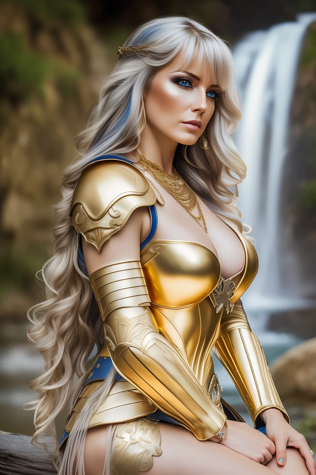 ((best quality, realistic photo, RAW photo, detailed skin and eyes, beautiful mature, beautiful makeup, natural light)), (loose under-breast gold metallic armor), necklace, cowboy shot, sitting, female_orgasm, blue long hair, detailed bang, (Waterfall background)