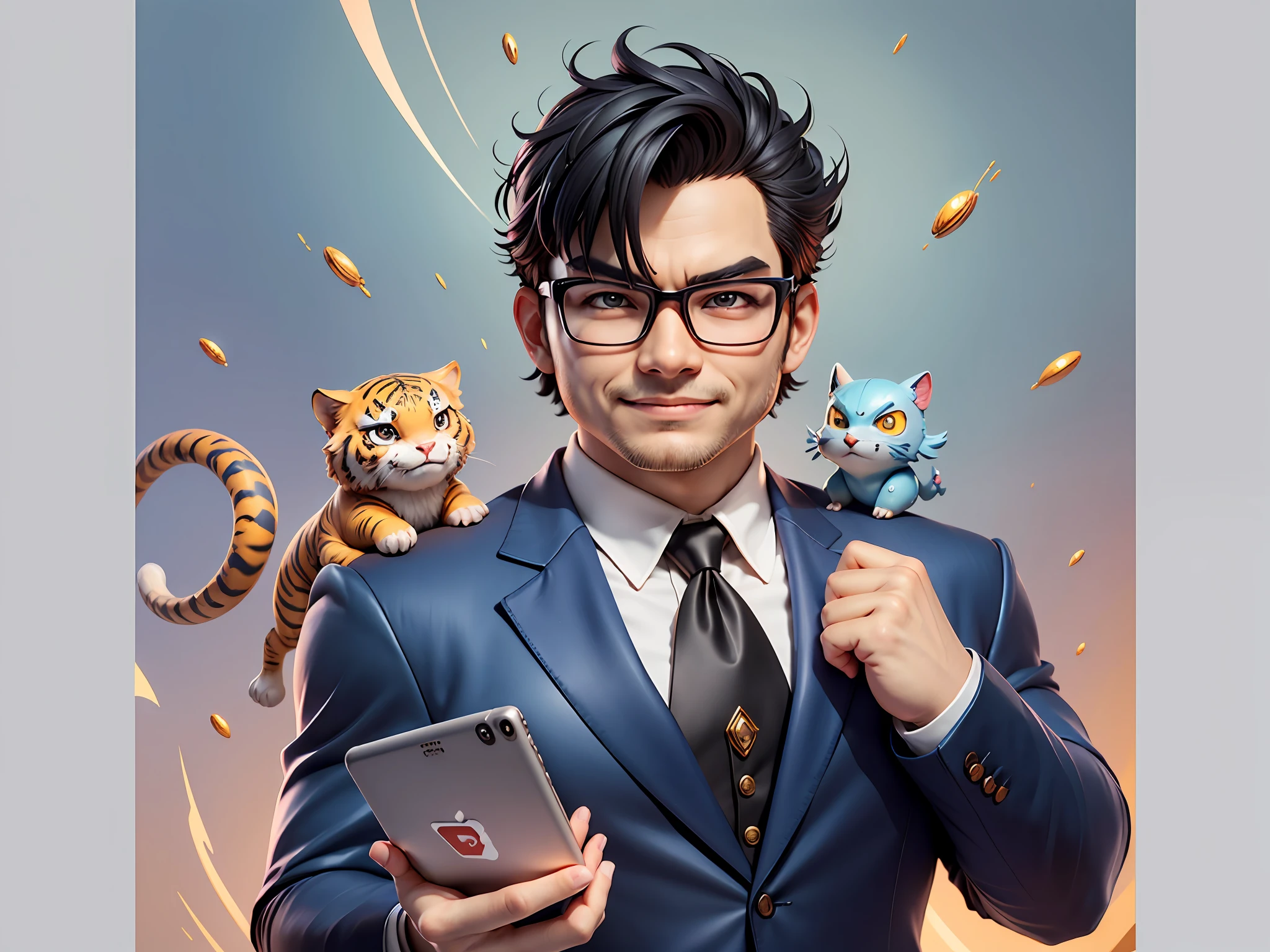 (Masterpiece), (Extreme Quality), (Super Meticulous), (Full Body: 1.2), Super Young Man, Chinese Dragon, Tiger, Wind God Thor, Sexy, Bursting, Oriental Face, TV Anchor, Bust Portrait Illustration, Black Formal Suit, Blue Tie, Slightly Chubby Face, Silver Glasses, Very Clean Face, No Beard on Chin, Black Super Short Hair, Black Eyes, Confident Smile, 3c Computer Sub-Products, iPad, iPhone, Digital Painting, 3D Character Design by Mark Claireden and Pixar and Hayao Miyazaki and Akira Toriyama, The illustration is a high-definition illustration in 4K resolution with very detailed facial features and cartoon-style visuals.