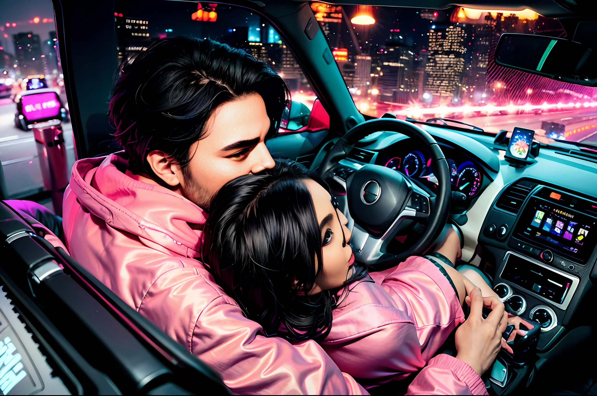 two guys are driving along night metropolis, left guy is dark-skinned is wearing pink hoodie and long black wavy hair is driving car; right male guy white-skinned wearing shirt and glasses, the dashboard of luxury car is close-up