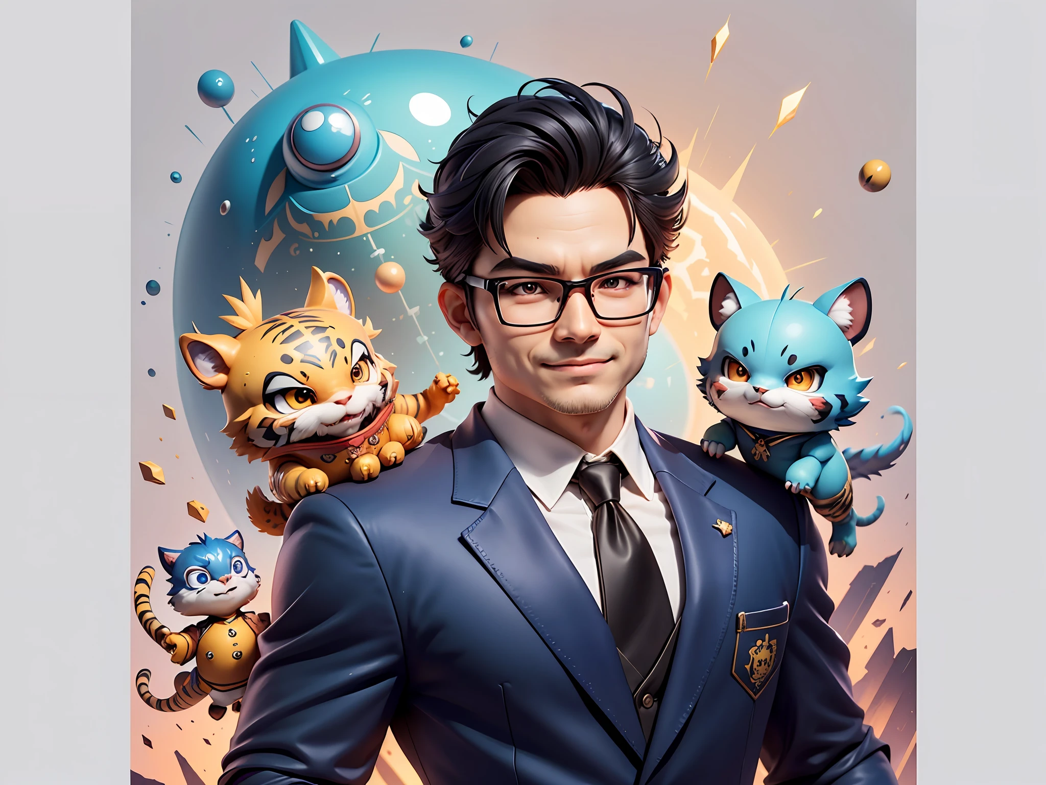 (Masterpiece), (Extreme Quality), (Super Meticulous), (Full Body: 1.2), Super Young Man, Chinese Dragon, Tiger, Wind God Thor, Sexy, Bursting, Oriental Face, TV Anchor, Bust Portrait Illustration, Black Formal Suit, Blue Tie, Slightly Chubby Face, Silver Glasses, Very Clean Face, No Beard on Chin, Black Super Short Hair, Black Eyes, Confident Smile, 3c Computer Sub-Products, iPad, iPhone, Digital Painting, 3D Character Design by Mark Claireden and Pixar and Hayao Miyazaki and Akira Toriyama, The illustration is a high-definition illustration in 4K resolution with very detailed facial features and cartoon-style visuals.