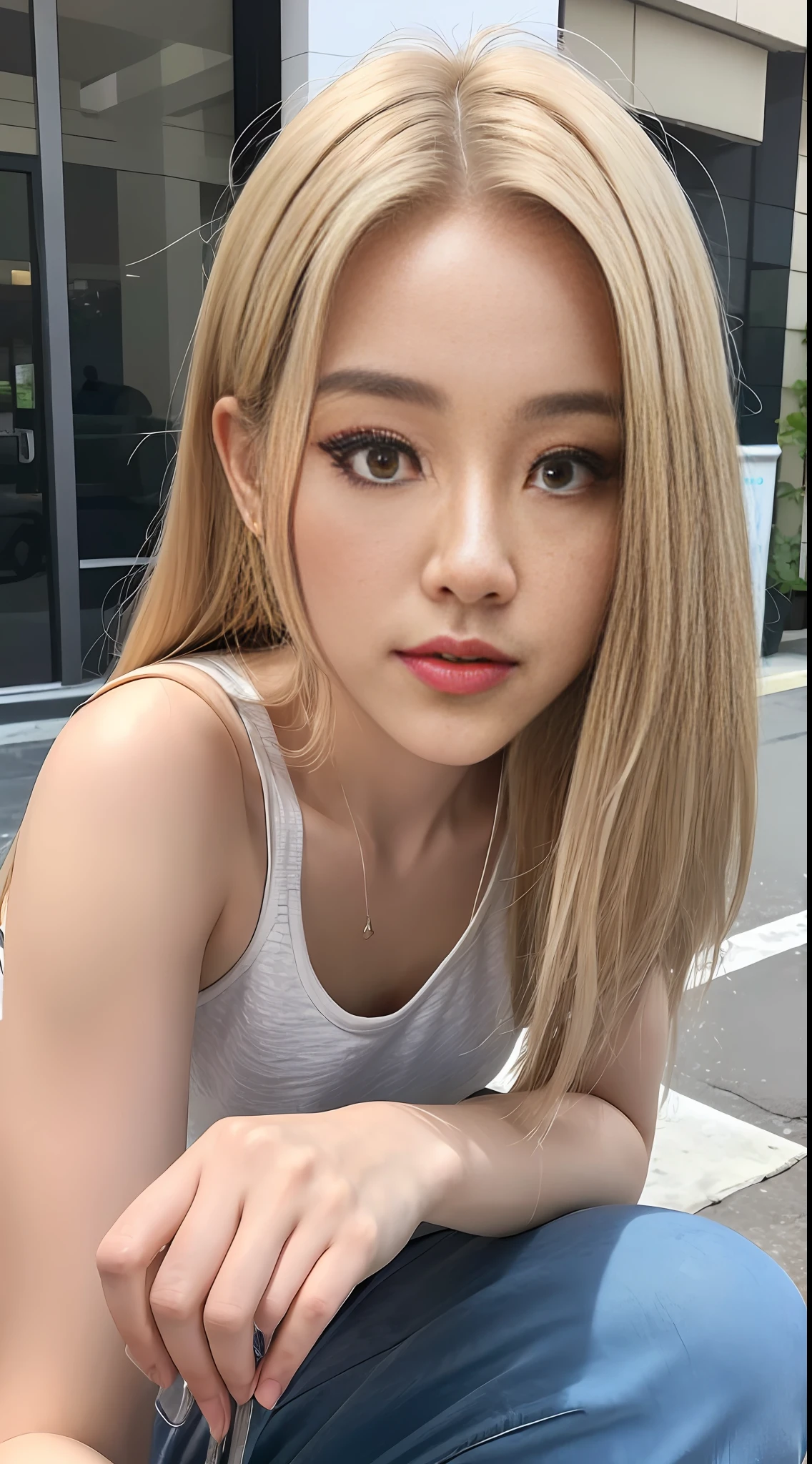 ((top quality, 8k, masterpiece: 1.3)), 1 girl, Korean model, smile, full body, slim face, very pretty woman, (platinum bronze hair), tank top: 1.1, shorts, ultra-detailed face, detailed eyes, double eyelids, blurred background, slim face, big breasts, city, outside, street, slouch: 1.3), squatting, (from top: 1.2), (close-up: 1.4), subjectivity