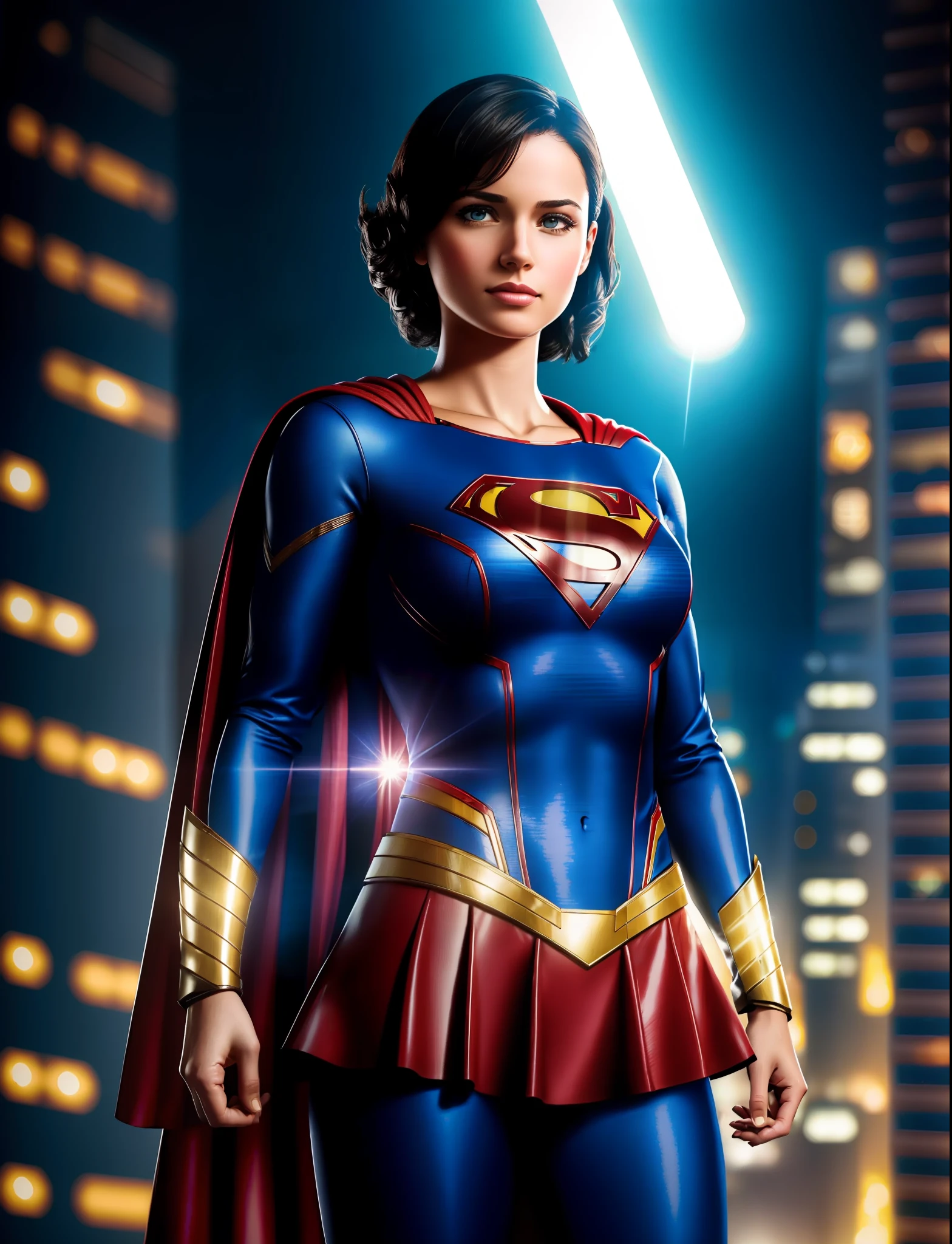 best quality, masterpiece, (photorealistic:2), ultra high resolution, highly detailed, ultra realistic, 1girl, supergirl suit, superman logo, black hair, short hair, slim body, large breasts, full shot, standing pose, from below, looking at viewer, night, city, rain, cyberpunk vibes, dark scene, dark atmosphere, light neon, mist, cloudy, lightning, detailed background