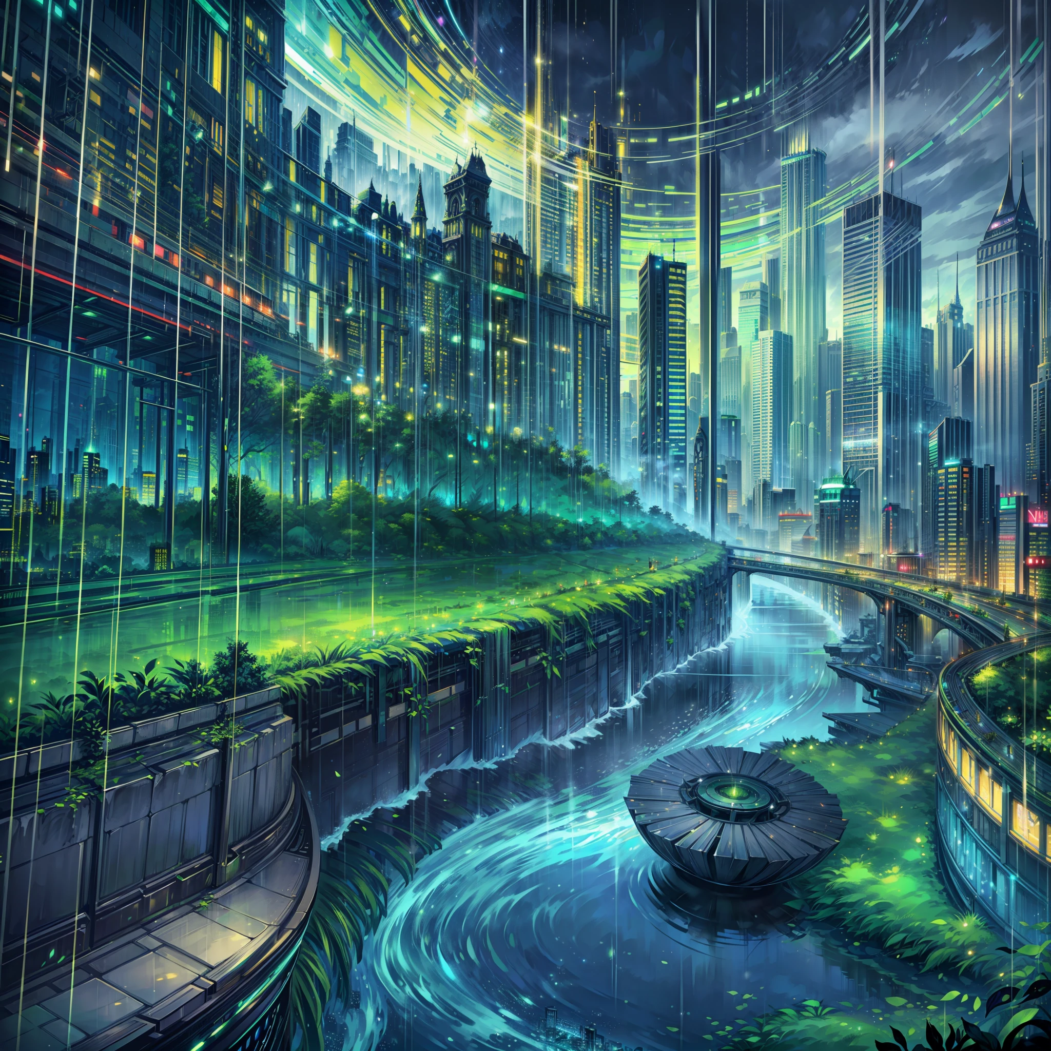 (best quality) A large emerald city, with several rivers running through it, amid a light rain. (floating),(vibrant colors),(emerald green),(river:1.3),(rain:0.8),(cityscape:1.2),(urban exploration),(gloomy),(misty),(deep contrast) black hair, Surrealism, 8k, super detail --auto --s2