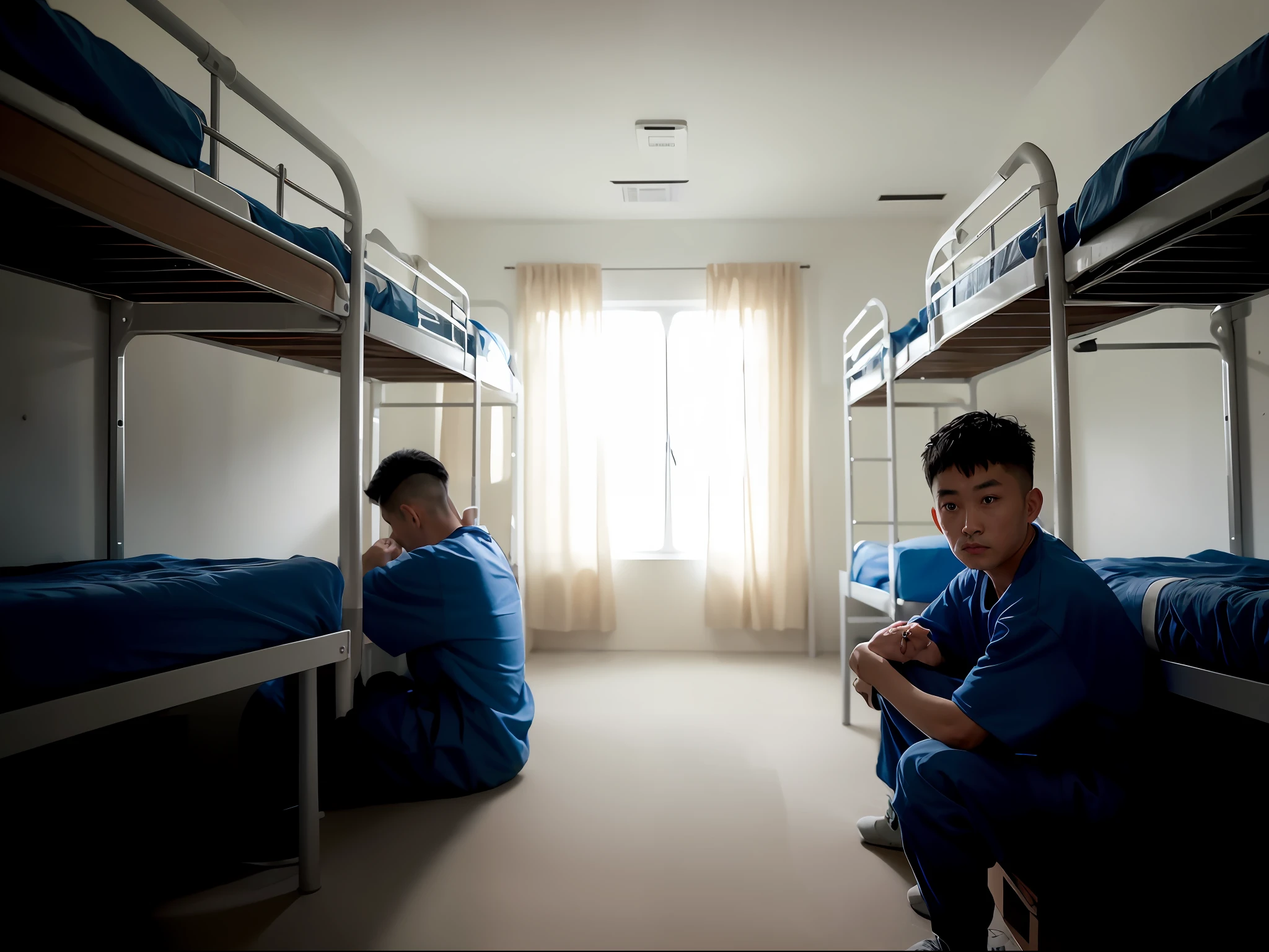 Several men sat on bunk beds in a room, Chinese man in prison, Prison complex, Sitting in prison, prison, prison, Prison scene, Prison attire, in a small prison cell, ray tracing, Sony FE GM, UHD, masterpiece, ccurate, anatomically correct, super detail, best quality, 8k