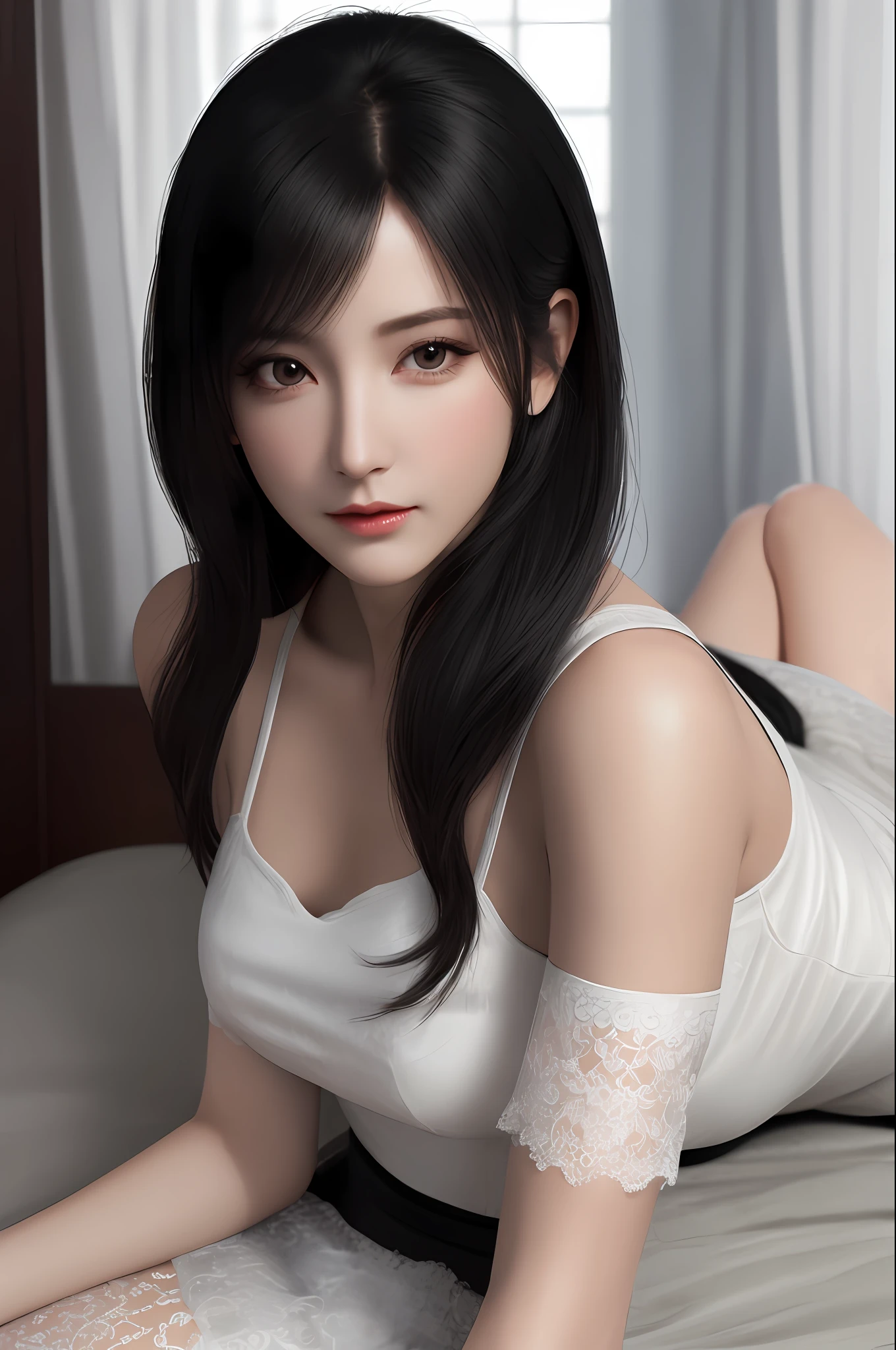 Very detailed eyes, very detailed face, very beautiful woman, best quality, super detailed (photorealistic), very delicate and beautiful legs, beautiful black eyes, absurdity, very detailed facial expression, professional illustration, shy, ff Tifa