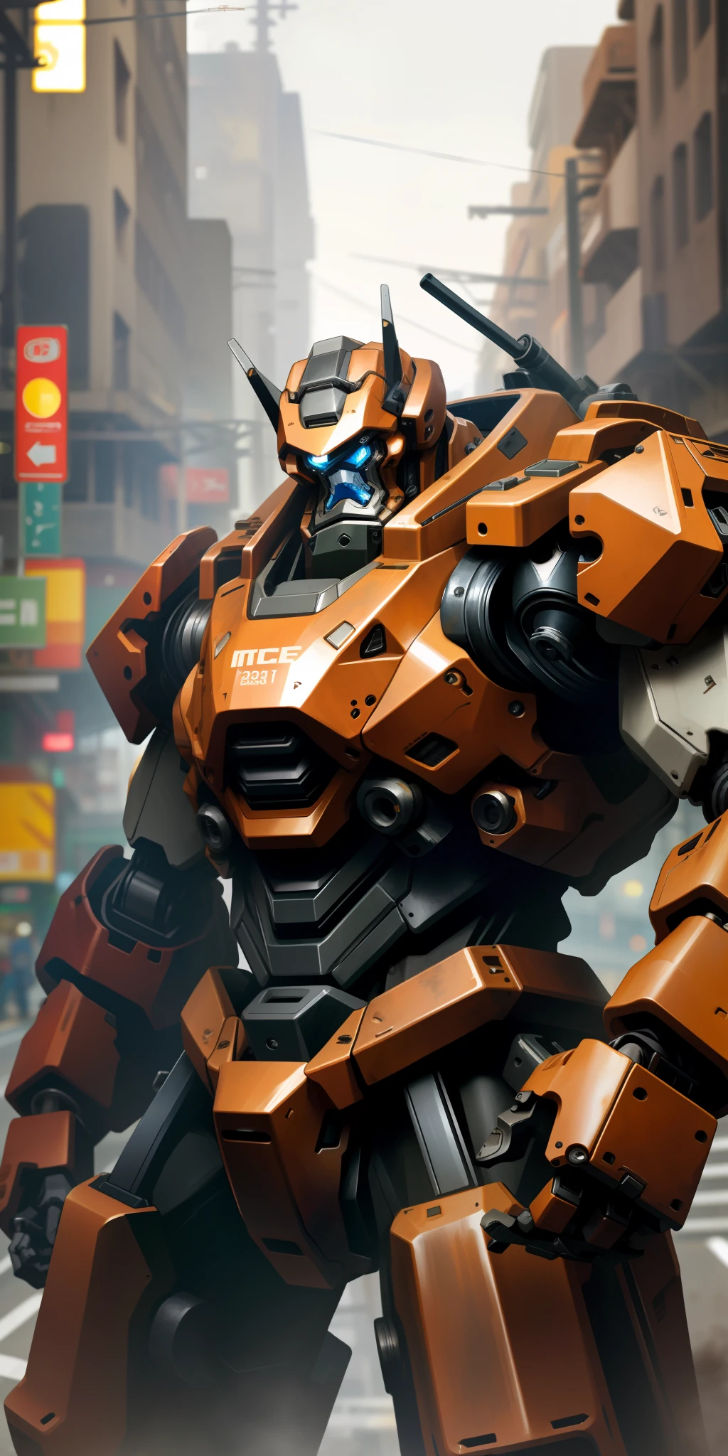 Gorilla shaped giant mech, perfect eyes, wearing a shabby mech suit, ((shallow bokeh)), complex, (steel metal [rust]), elegant, sharp focus, soft lighting, bright colors, masterpiece, (street)), cowboy shot, dynamic pose,