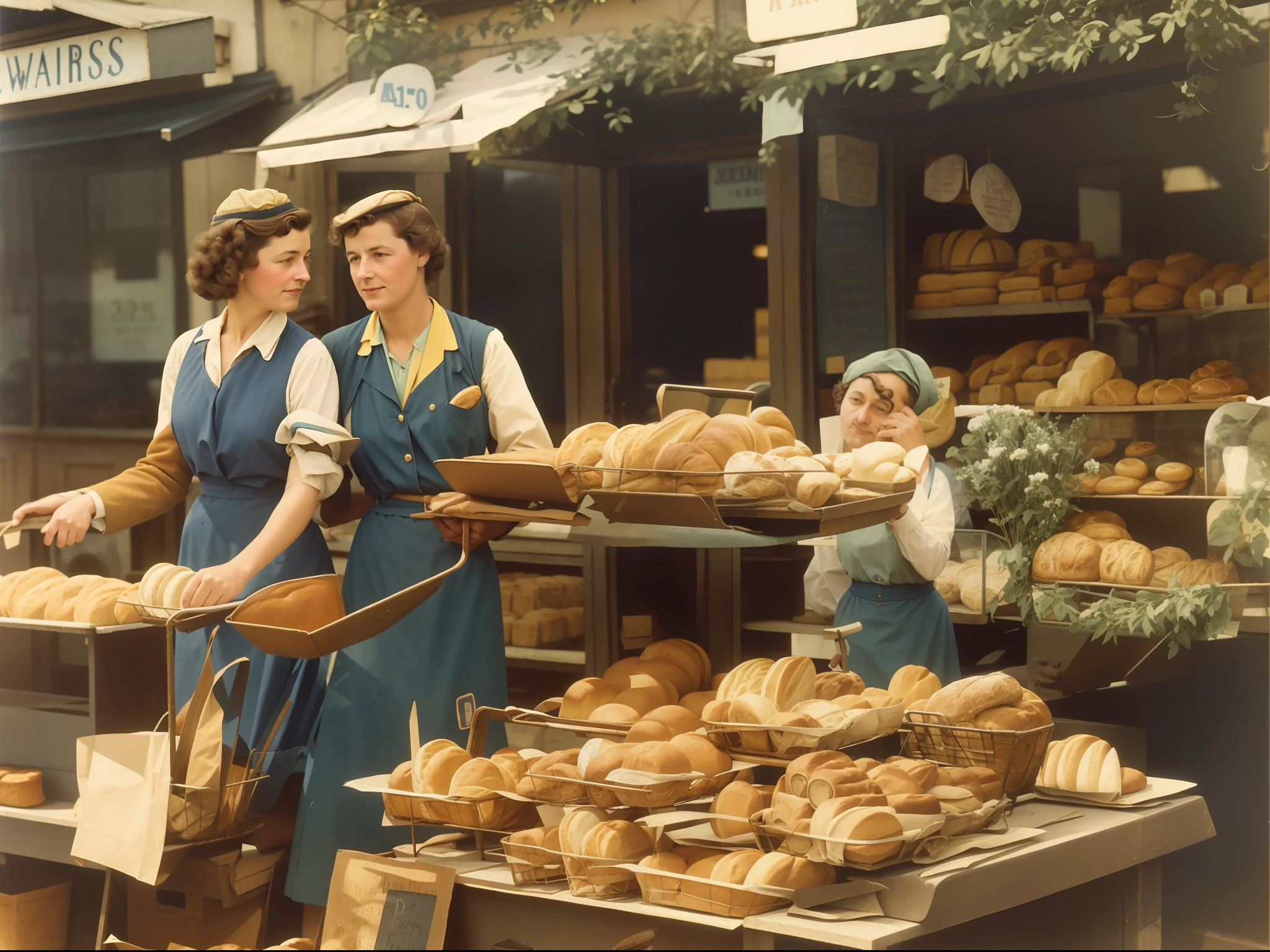 there are two women standing in front of a bakery selling bread, 1940s food photography, vintage color photo, by Kurt Seligmann, old color photo, by Etienne Delessert, by Rudolf Freund, by Albert Keller, by Dietmar Damerau, by Albert Nemethy, by Hans Schwarz, 1950