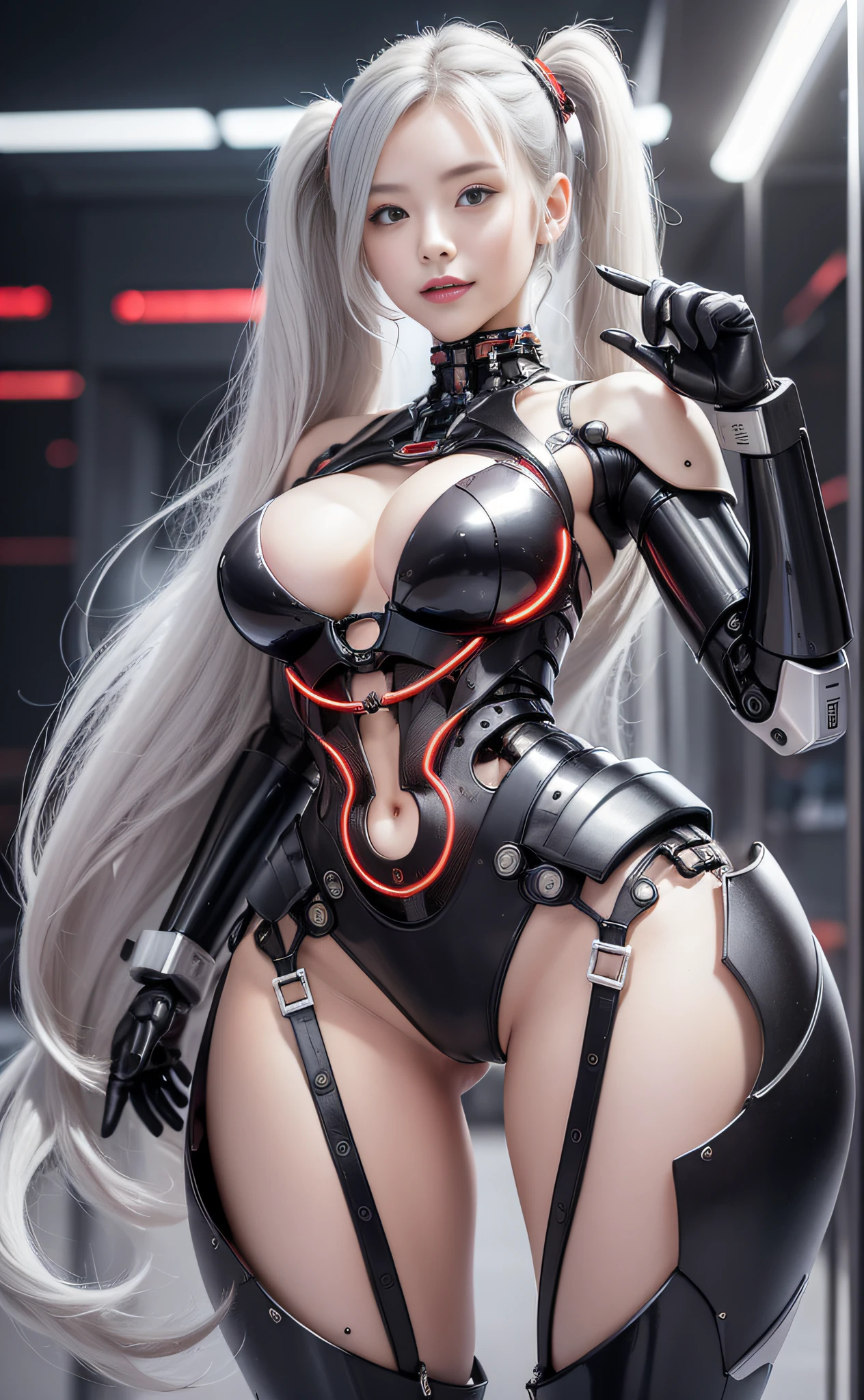 Beautiful Face,face is Japan, 1 Woman, Big, Curvaceous, (16k, RAW photo, top quality, masterpiece: 1.2), (HDR, Realistic, Photorealistic: 1.37) (tube attached to the body), (Bikini Cyborg robot parts)))), (light gray hair), Long hair, Wavy hair, Twin tails, Medium shot, ( Seductive smile)), (black eyes), princess cut,from below,(whole body),posing,,in the lab,( tube connected to blood vessel),((mechanical vertebrae attached to the back)),((mechanical neck attached to the neck)),(wire cable attached to the head and body),(character focus),science fiction,perfect female figure,perfect anatomy,ultraanatomy, Full body shot, up to 4 fingers and 1 thumb relationship,